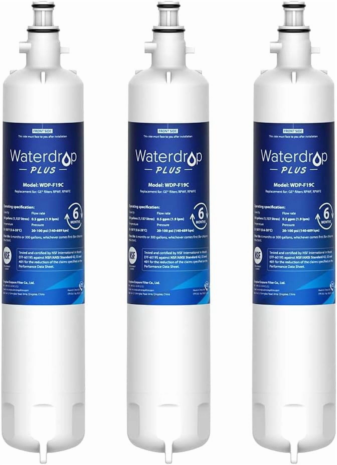 Waterdrop Plus WDP-F19C Replacement for GE RPWFE, RPWF (with CHIP) NSF 401 Refrigerator Water Filter, Compatible with WSG-4, GFE28GBLTS, GFE28GSKSS, PFE28KMKES, 3 Filters (Package May Vary)