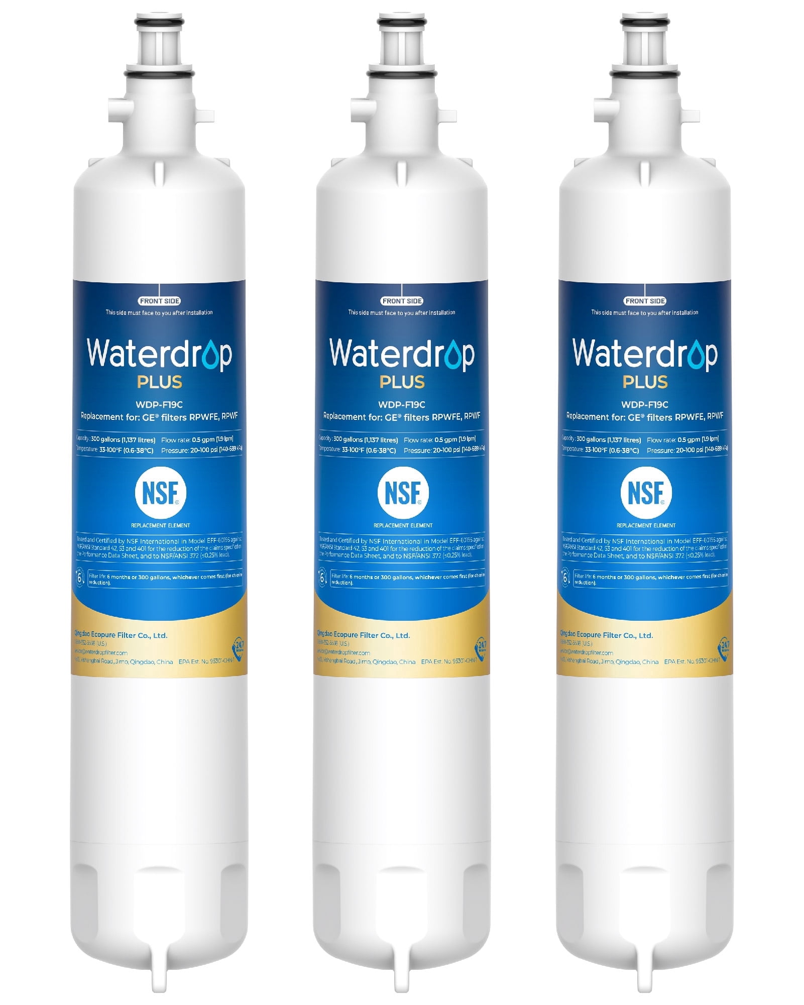 Waterdrop Plus WDP-F19C Replacement for GE® RPWFE®, RPWF (with CHIP) NSF 401 Refrigerator Water Filter, Compatible with WSG-4, GFE28GBLTS, GFE28GSKSS, PFE28KMKES, 3 Filters（Package May Vary）