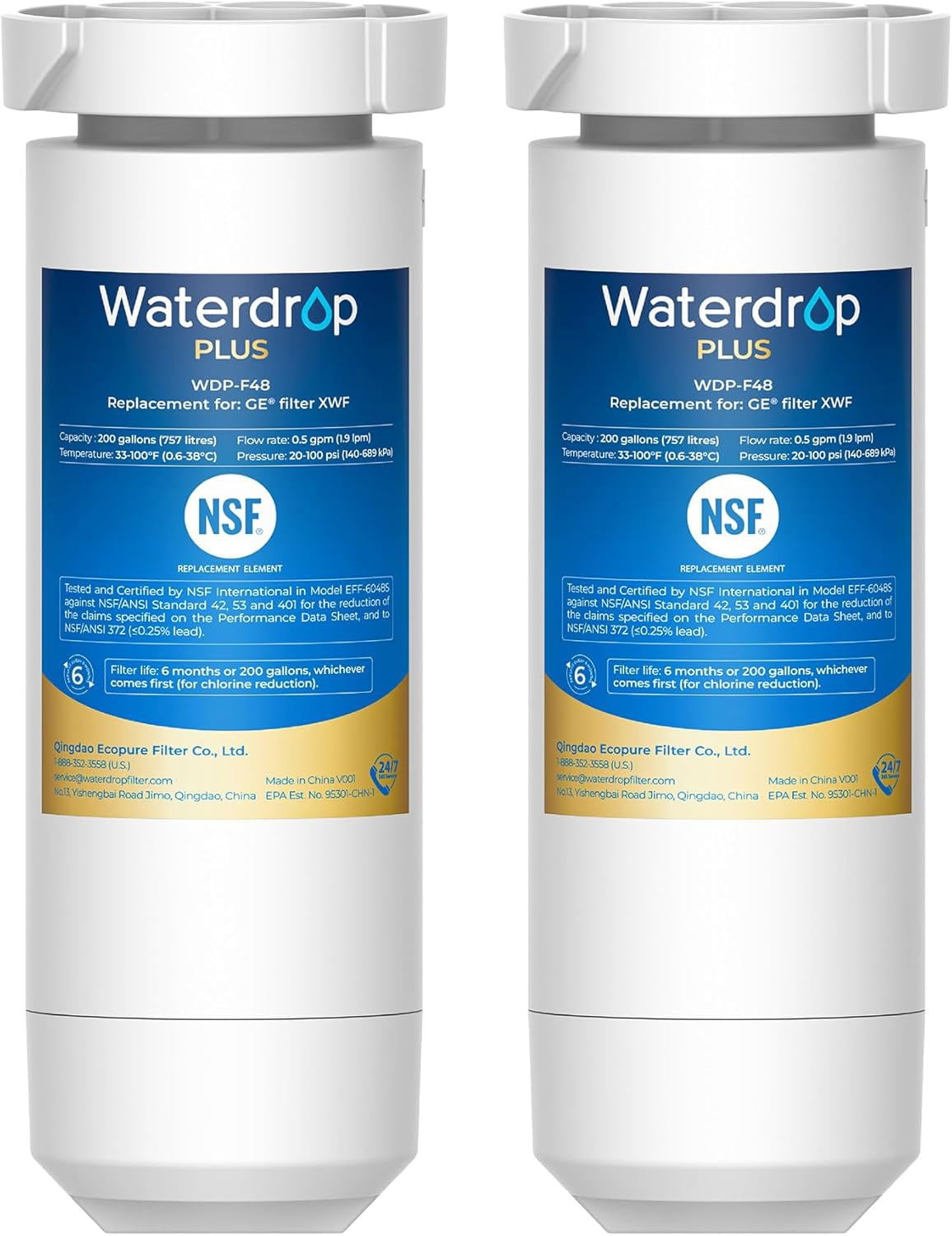 Waterdrop Plus XWF Replacement for GE® XWF, WR17X30702, NSF/ANSI 401&53&42&372 Certified, 2 Filters
