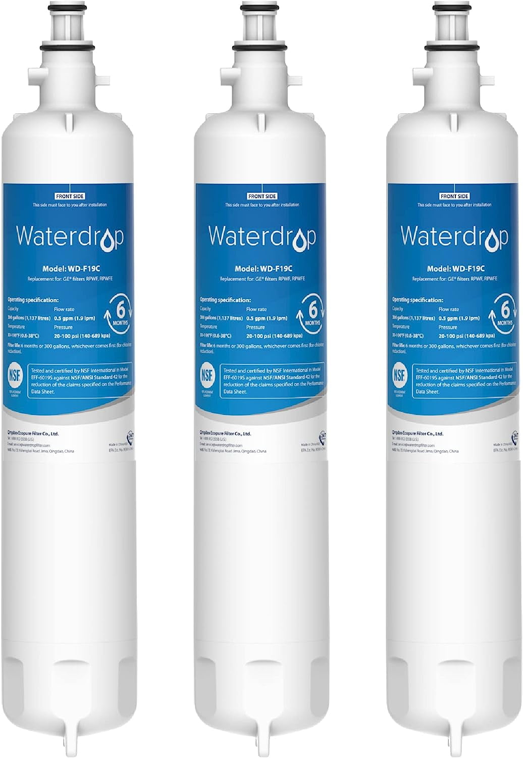 Waterdrop RPWFE, Refrigerator Water Filter, 3pk, Certified Replacement