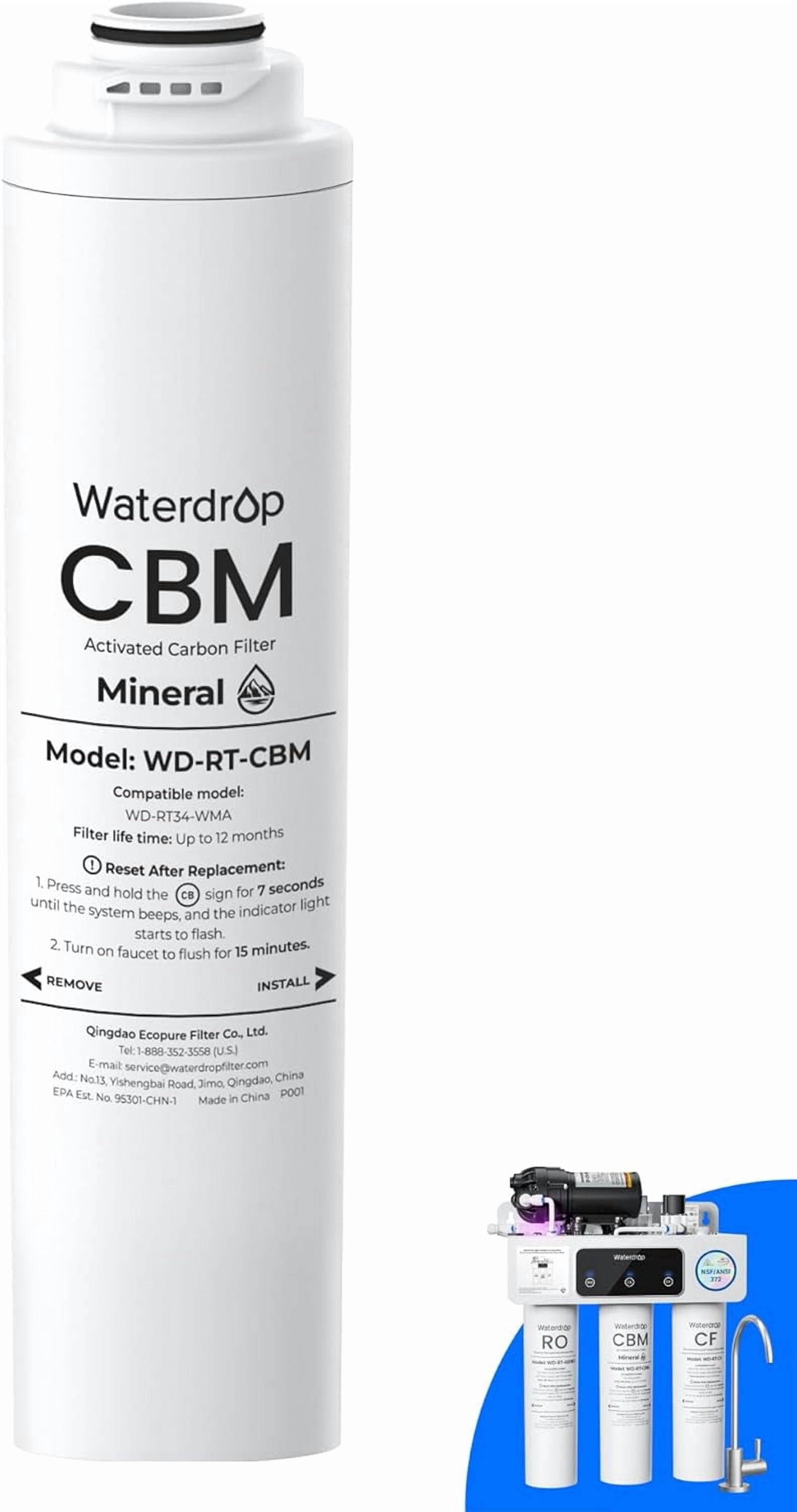 Waterdrop RT-CBM Filter, Replacement for Waterdrop T3-T & T3-M Reverse Osmosis System, Pack of 1 CB Filter, 12-month Lifetime