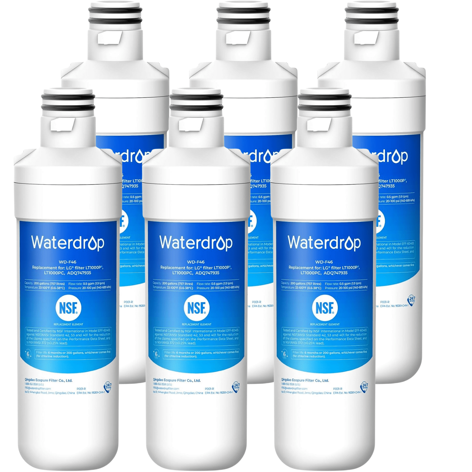 Waterdrop LT1000PC ADQ747935 MDJ64844601 Refrigerator Water Filter, Replacement for LG® LT1000P®, ADQ74793501, ADQ74793502, Kenmore 46-9980, 9980, Pack of 6