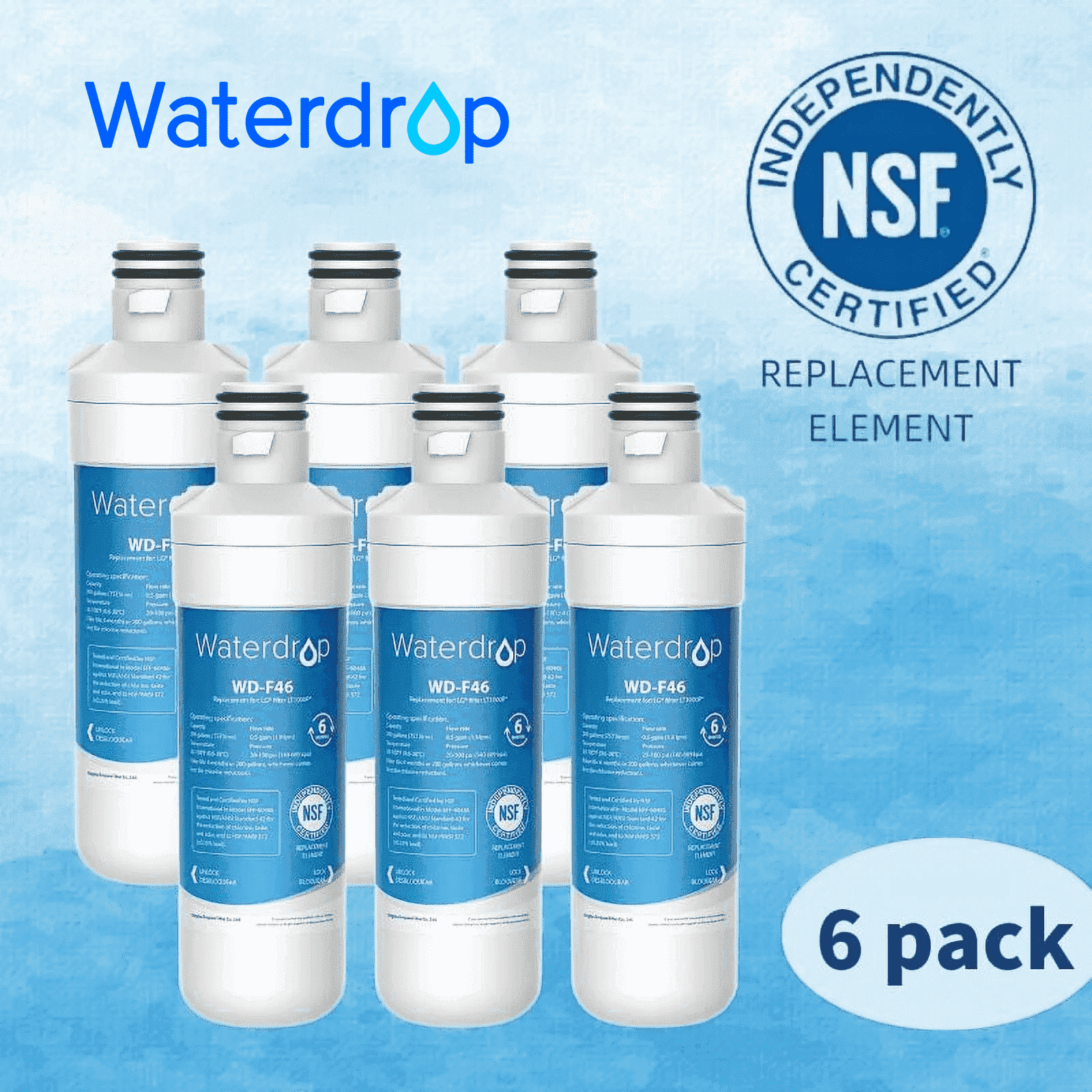 Waterdrop Refrigerator Water Filter, Replacement for LG LT1000P, LT1000PC 46-9980, 9980, Reduce chlorine, Pack of 6 Filtration