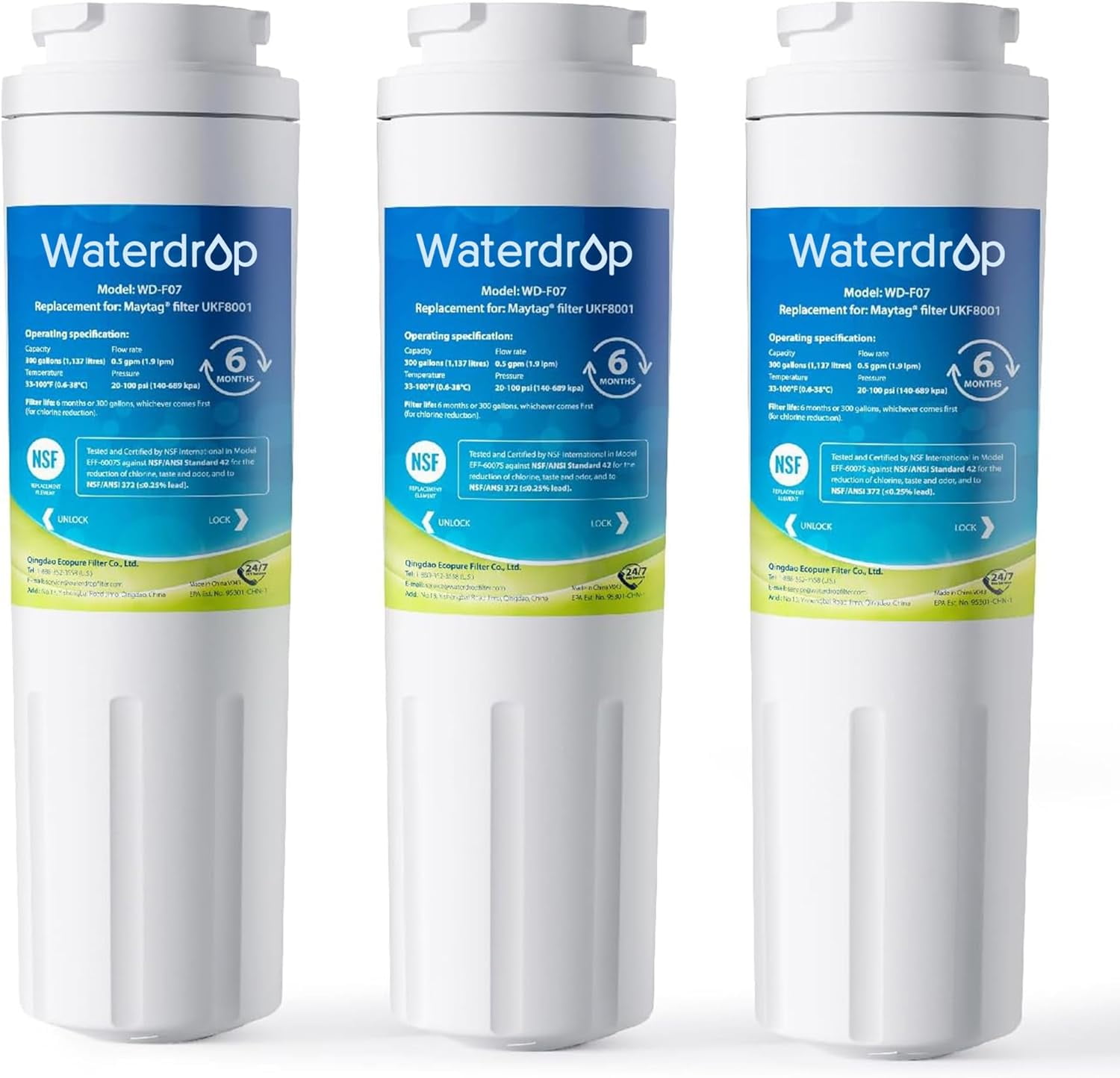 Waterdrop EDR4RXD1 Replacement for EveryDrop® Filter 4, Whirlpool® UKF8001, 4396395, Maytag® UKF8001AXX-200, Refrigerator Water Filter, 3 Filters