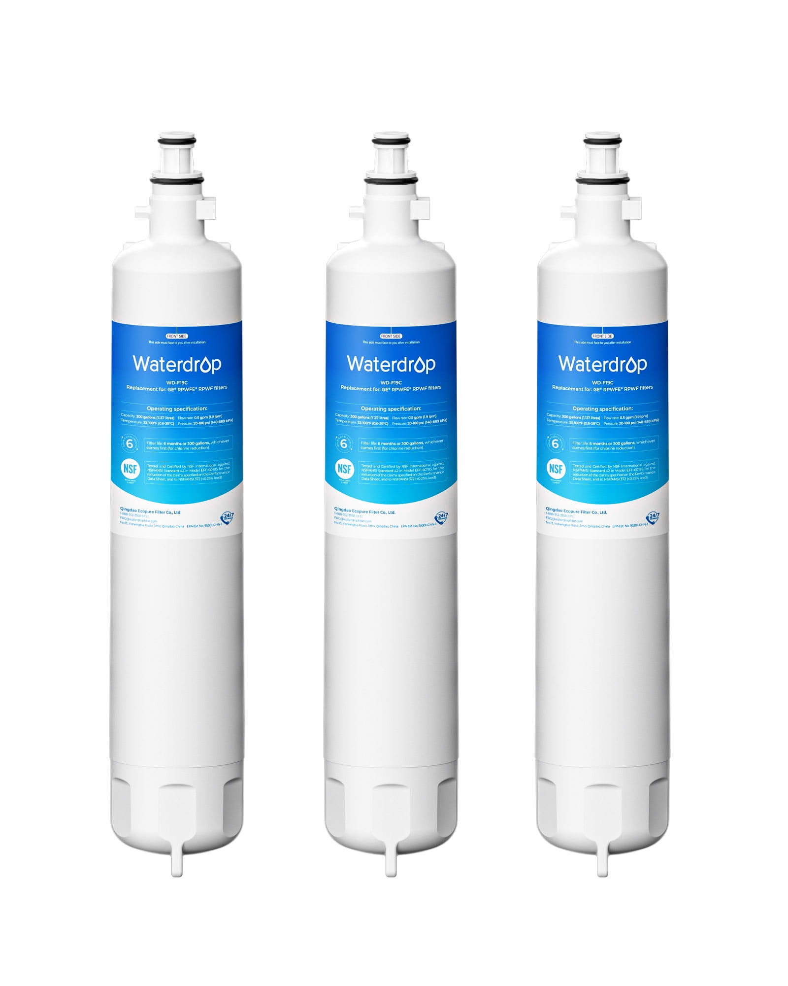 Waterdrop Replacement for GE® RPWFE®, RPWF (Built-in CHIP) Refrigerator Water Filter, Compatible with GFE28GYNFS, GFE28GELDS, PFE28KELDS, PFE28KYNFS, GFD28GELDS, PWE23KELDS, PWE23KMKES, 3 Filters