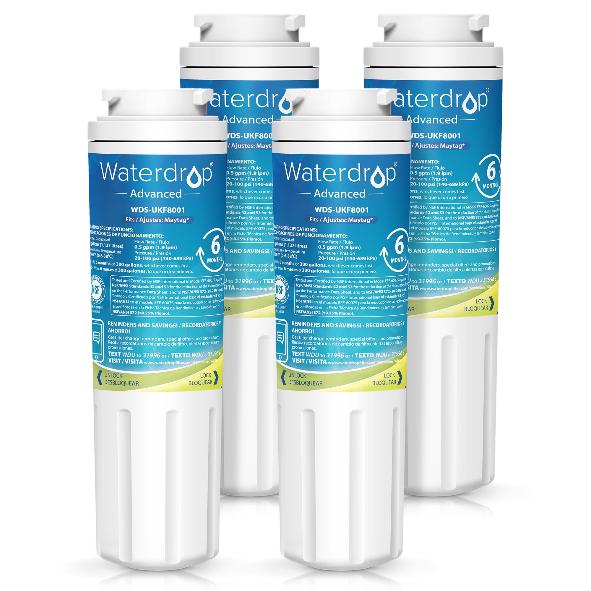 Waterdrop Refrigerator Water Filters for Whirlpool EDR4RXD1, Maytag UKF8001, 4 Count