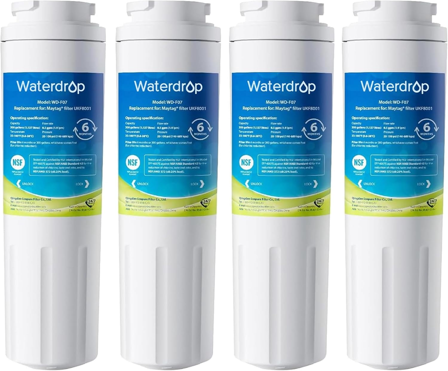 Waterdrop UKF8001 Water Filter, NSF 53&42 Certified to Reduce 99% Lead, Replacement for Maytag UKF8001, UKF8001AXX-750, UKF8001AXX-200, Whirlpool  EDR4RXD1, 469006, Filter 4,Pack of 4