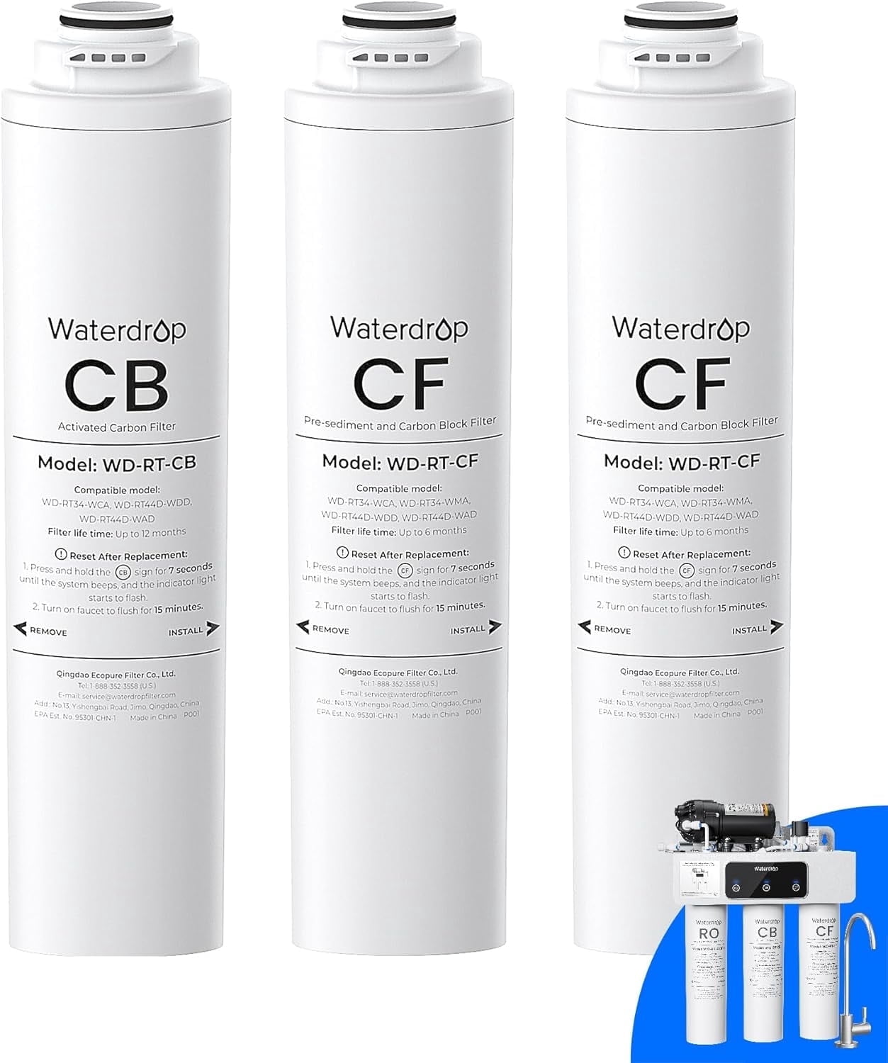 Waterdrop WD-T3-C Reverse Osmosis Water Filter,450GPD,8-Stage Under Sink RO Water Filter, 450G Tankless Water Filtration System, 2:1 Pure to Drain, BPA Free, Plug-in Required