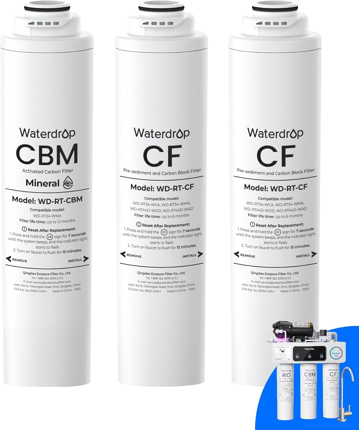 Waterdrop 𝐖𝐃-𝐓𝟑-𝐑𝐂𝐌 Replacement Filter 1-Year Combo, Pack of 2 CF Filters and 1 CBM Filter, Replacement for 𝐖𝐃-𝐓𝟑-𝐌 Tankless Reverse Osmosis Water Filter System (𝟐*𝐂𝐅 + 𝟏*𝐂𝐁𝐌)