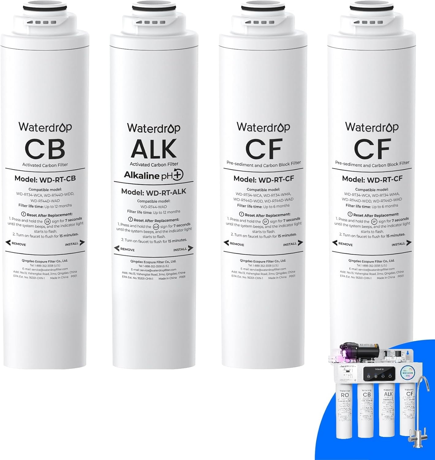 Waterdrop 𝐖𝐃-𝐓𝟒-𝐑𝐂𝐀 Replacement Filter 1-Year Combo, Pack of 2 CF, Pack of 1 CB and 1 Alkaline Filter, Replacement for 𝐖𝐃-𝐓𝟒-𝐀 Reverse Osmosis System (𝟐*𝐂𝐅 + 𝟏*𝐂𝐁 + 𝟏*𝐀𝐋𝐊)