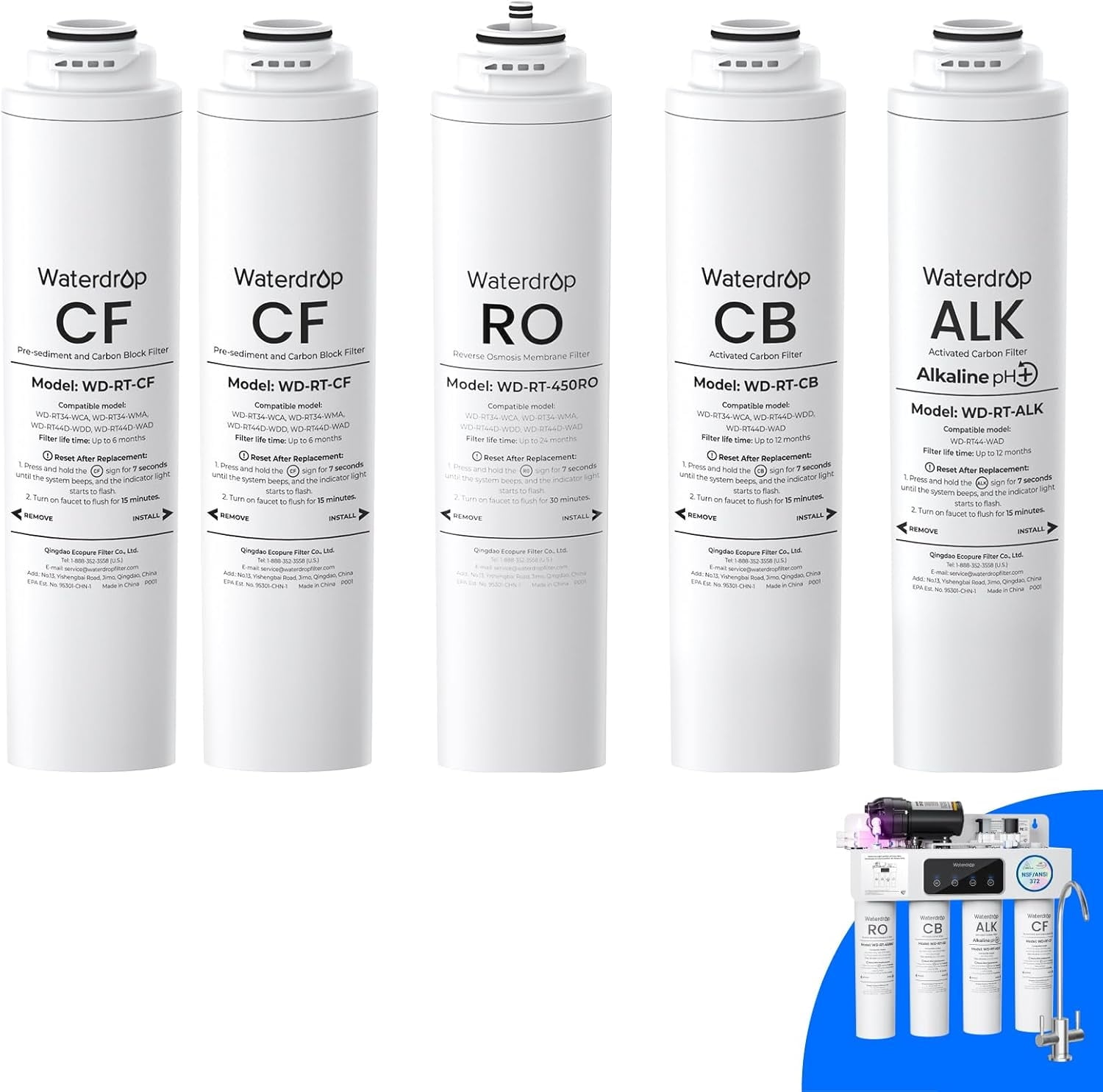 Waterdrop 𝐖𝐃-𝐓𝟒-𝐑𝐂𝐀𝐎 Replacement Filter, Pack of 1 RO & 2 CF & 1 CB & 1 Alkaline Filter, Replacement for 𝐖𝐃-𝐓𝟒-𝐀 Tankless Reverse Osmosis System (2*CF + 1*CB + 1*ALK + 1*RO)