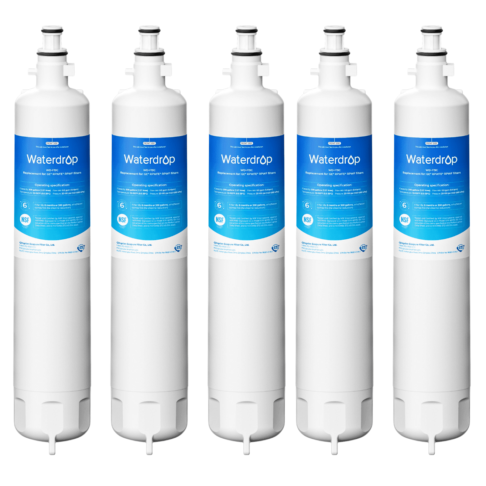 Waterdrop Replacement for GE® RPWFE®, RPWF (Built-in CHIP) Refrigerator Water Filter, Compatible with GFE28GYNFS, GFE28GELDS, PFE28KELDS, PFE28KYNFS, GFD28GELDS, PWE23KELDS, 5 Filters