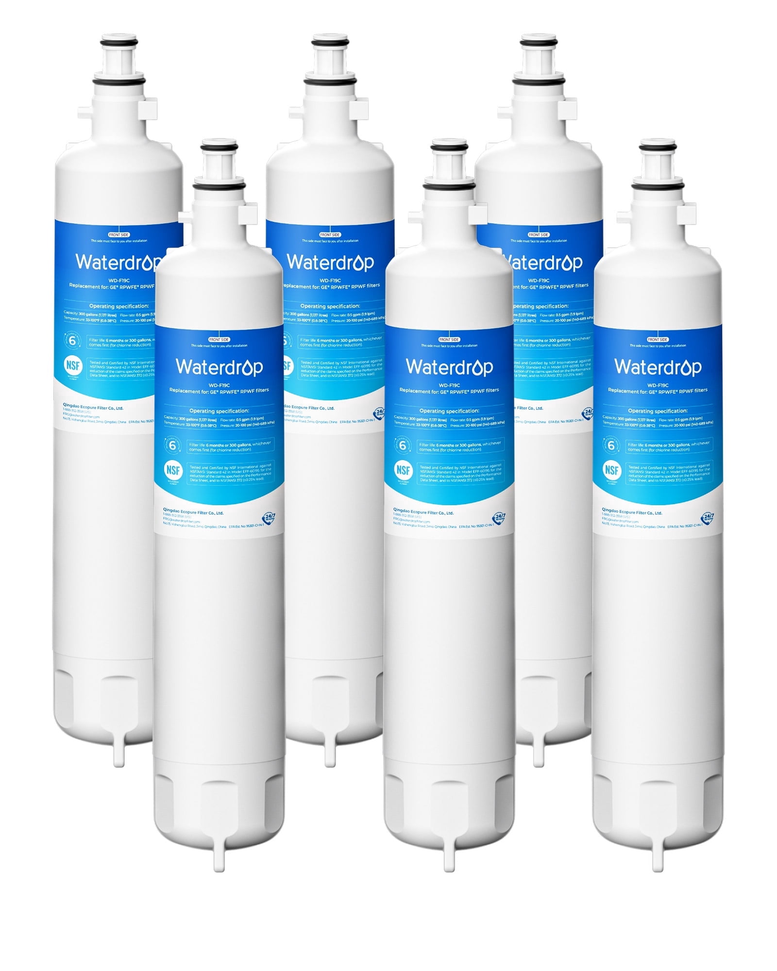 Waterdrop Replacement for GE® RPWFE®, RPWF (Built-in CHIP) Refrigerator Water Filter, Compatible with GFE28GYNFS, GFE28GELDS, PFE28KELDS, PFE28KYNFS, GFD28GELDS, PWE23KELDS, 6 Filters