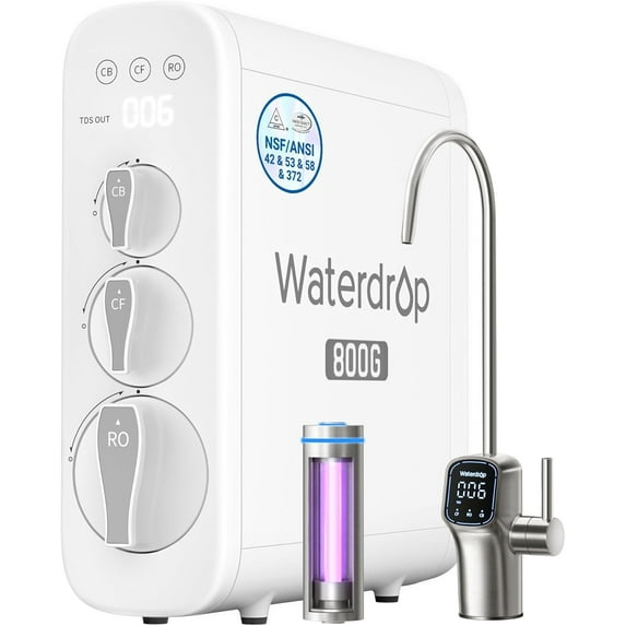 Waterdrop G3P800 Reverse Osmosis System, 800 GPD Fast Flow, NSF/ANSI 42 & 53 & 58 & 372 Certified, 3:1 Pure to Drain, Tankless Under Sink RO Water Filter System, LED Purifier, Smart Faucet