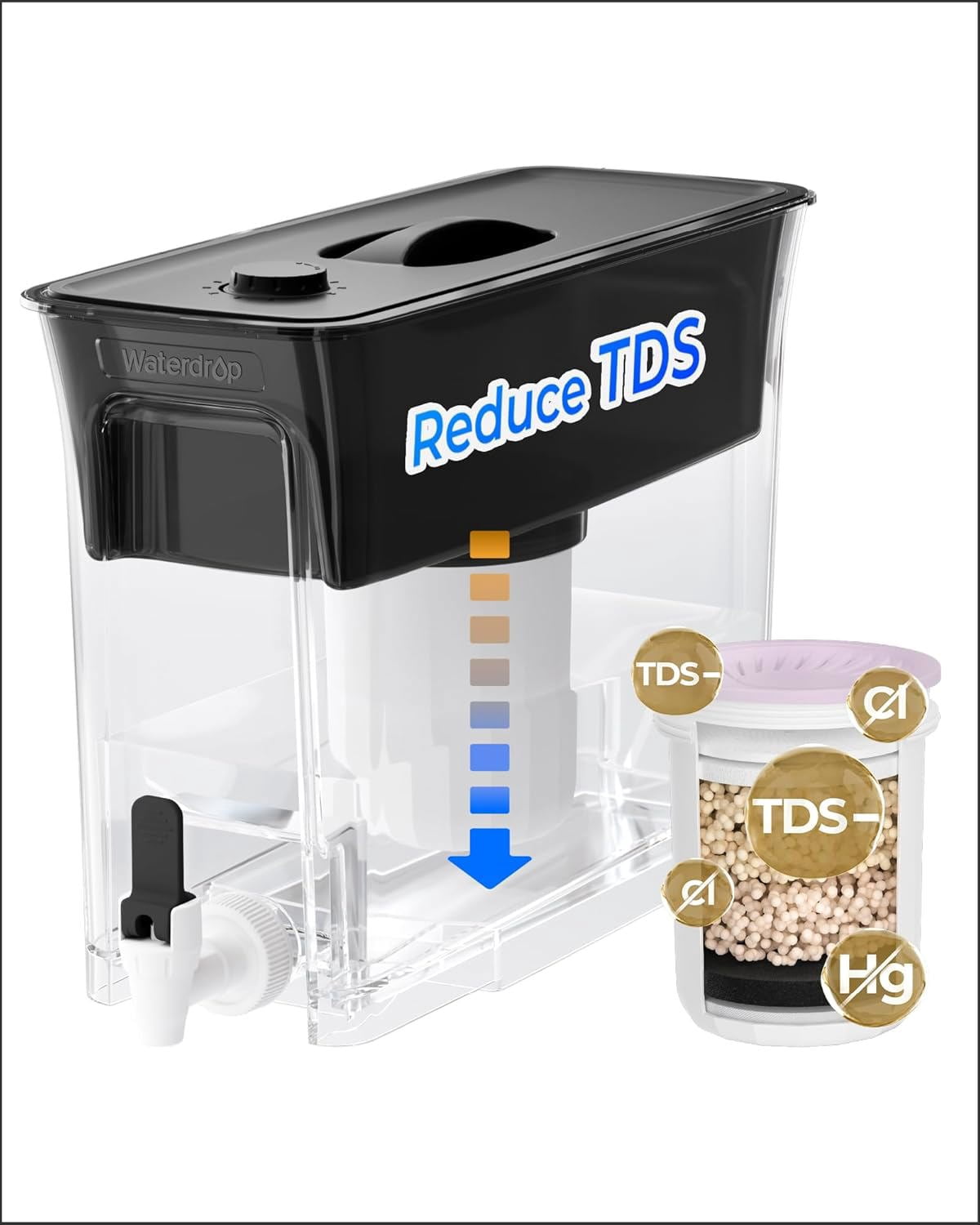 Waterdrop TDS Reduction Water Filter Pitcher, 6-Stage Advanced Filtration, Lasts Up to 2 Months, 35-Cup, Long-Life Dispenser (with 1 Filter)
