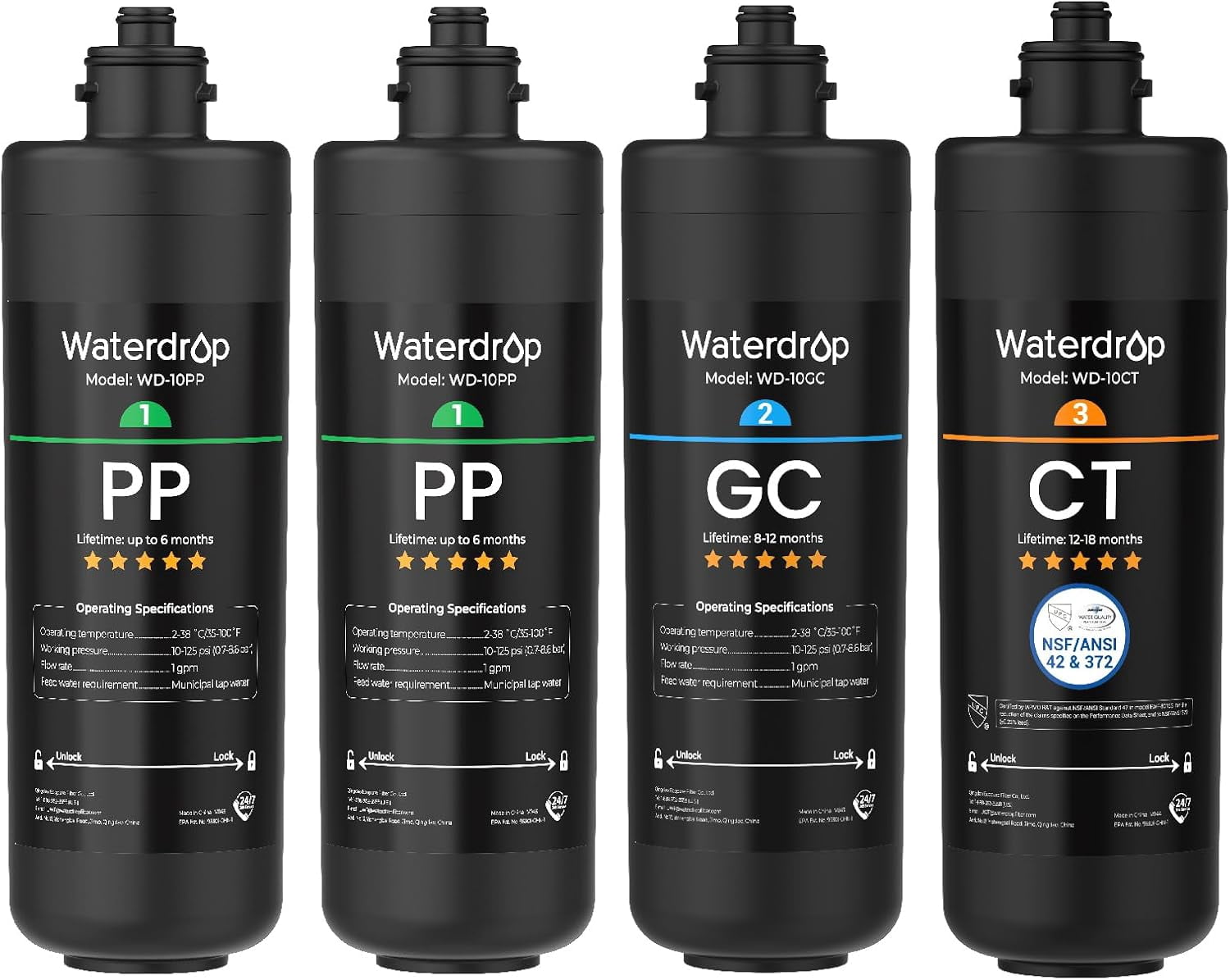 Waterdrop TSA 3-Stage Replacement Water Filter, Replacement for Waterdrop TSA & TSB 3-stage Under Sink Water Filtration System, 2PP+GC+CT