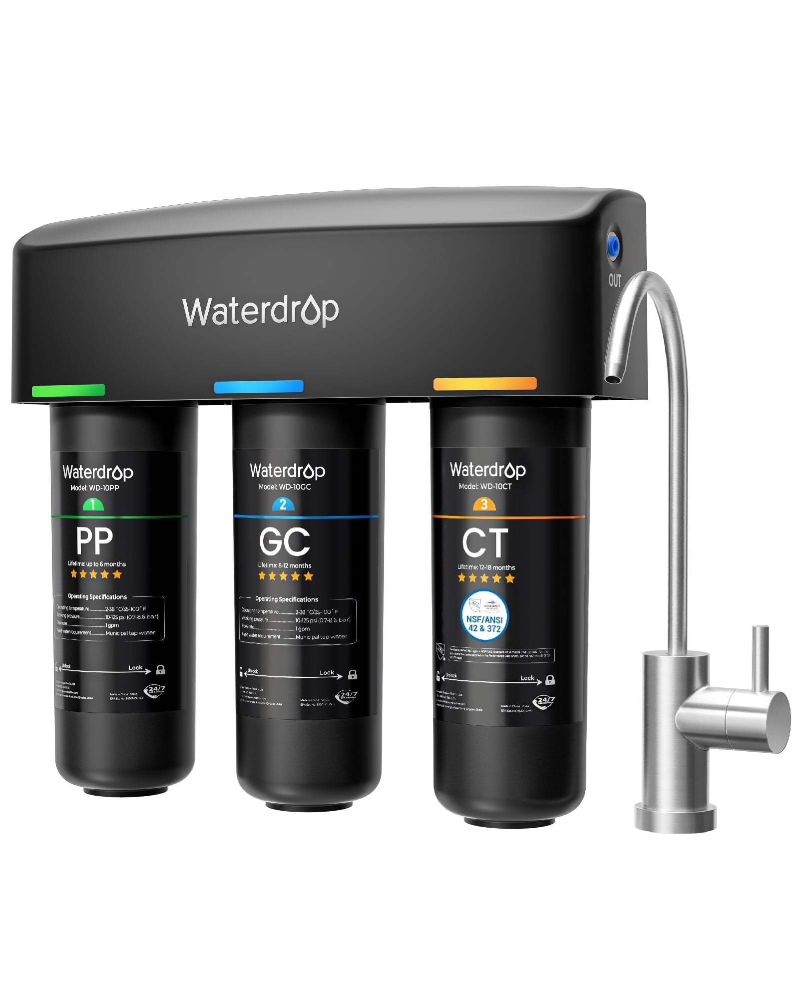 Waterdrop TSB 8 Layer Under Sink Water Filter, Reduces PFAS, PFOA/PFOS, Fluoride, Chlorine, Bad Taste & Odor, with Dedicated Faucet, NSF/ANSI 42 Certified Element, USA Tech Water Filtration System