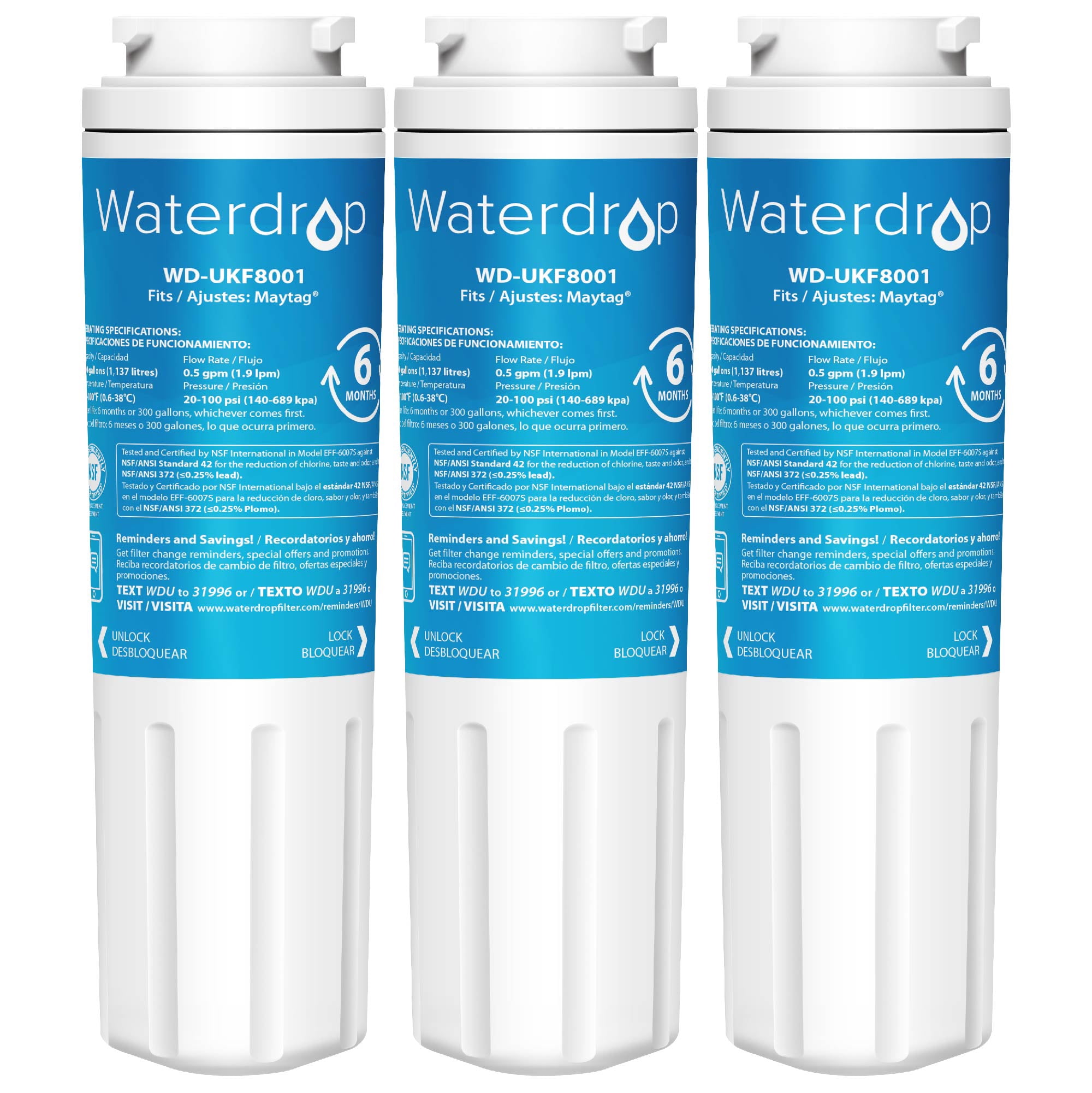 Waterdrop UKF8001 Compatible with Whirlpool EDR4RXD1, 4396395, EveryDrop  Filter 4, Maytag UKF8001P, UKF8001AXX-750, Refrigerator Water Filter, Pack  of 3 