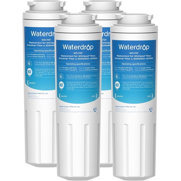 Waterdrop UKF8001 Refrigerator Water Filter 4, Compatible with Whirlpool EDR4RXD1, EveryDrop Filter 4, Maytag UKF8001AXX-750, UKF8001AXX-200, (4)