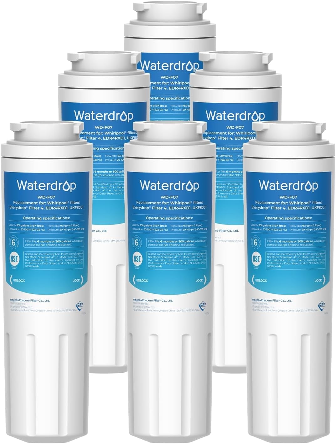 Waterdrop UKF8001 Replacement for UKF8001AXX-750 Whirlpool Refrigerator Water Filter (Pack of 6)