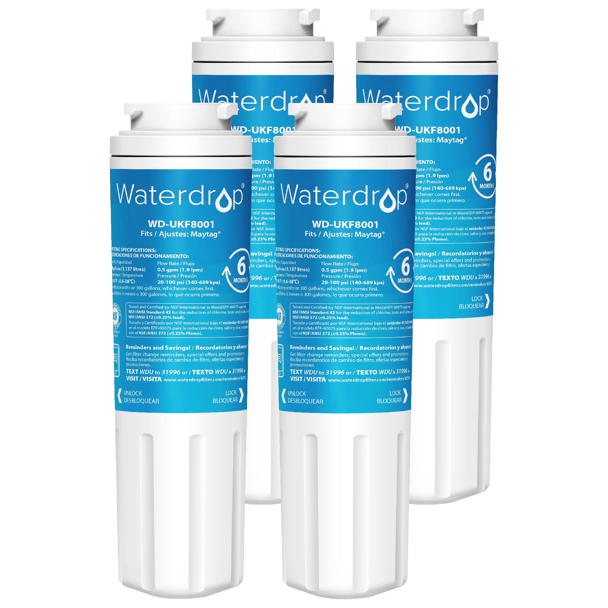 Waterdrop UKF8001 Water Filter, Replacement for EveryDrop Filter 4,  EDR4RXD1, Whirlpool UKF8001AXX-750, Maytag UKF8001P, UKF8001AXX-200,  4396395, 46-9005, 46-9006, Puriclean II (Pack of 4) 