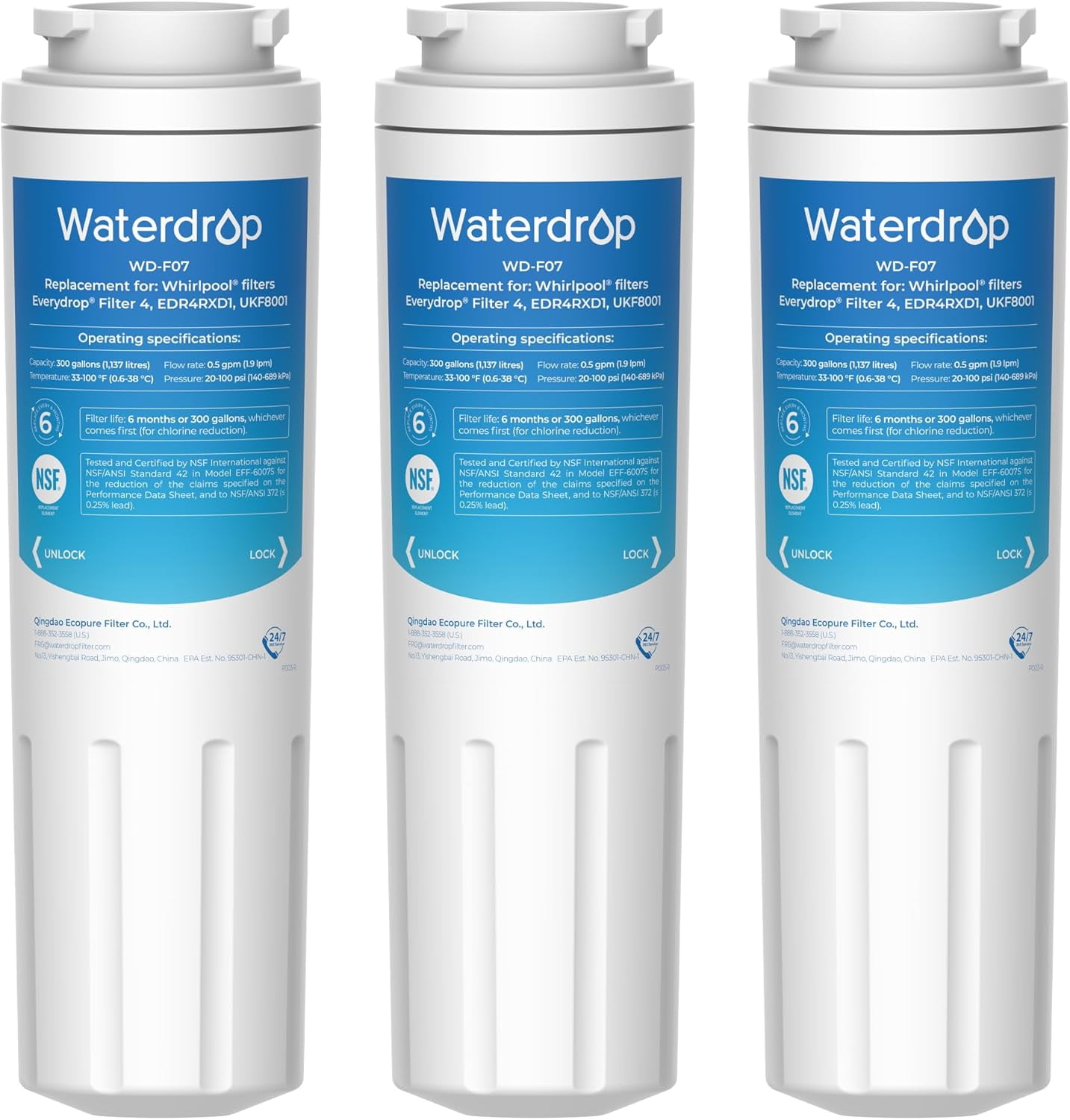 Waterdrop UKF8001 Compatible with Whirlpool EDR4RXD1, 4396395, EveryDrop Filter 4, Maytag UKF8001P, UKF8001AXX-750, Refrigerator Water Filter, Pack of 3