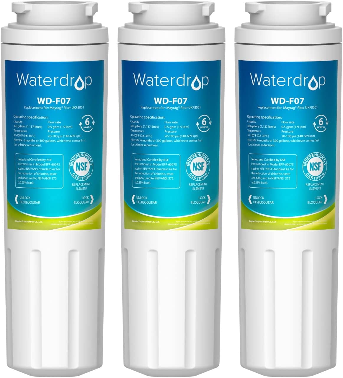 Waterdrop UKF8001 water filter, Replacement for Maytag EDR4RXD1, UKF8001,  UKF8001AXX, UKF8001P, Whirlpool 4396395, Puriclean II, 469006 Refrigerator  Water Filter, Pack of 3 