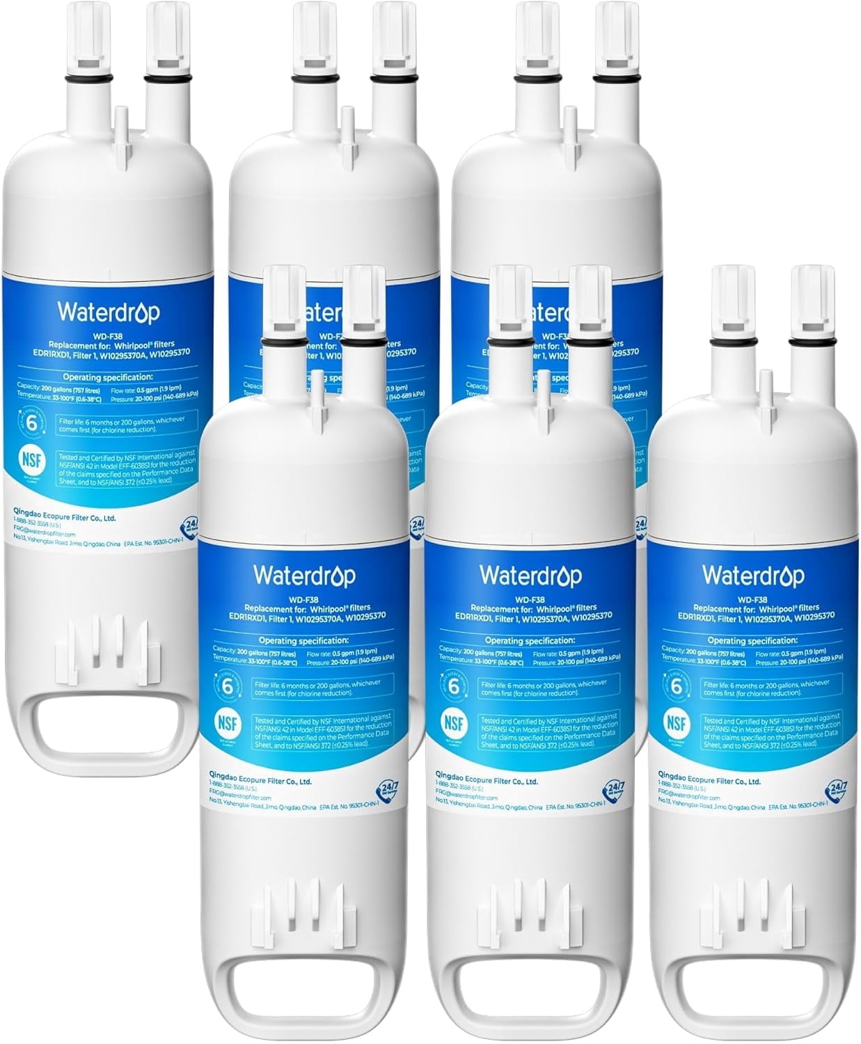 Waterdrop EDR1RXD1 Replacement for Everydrop® Filter 1, W10295370A, EDR1RXD1B, P8RFWB2L, P4RFWB, Kenmore® 46-9081, 46-9930, WD-F38 Refrigerator Water Filter, 6 Pack