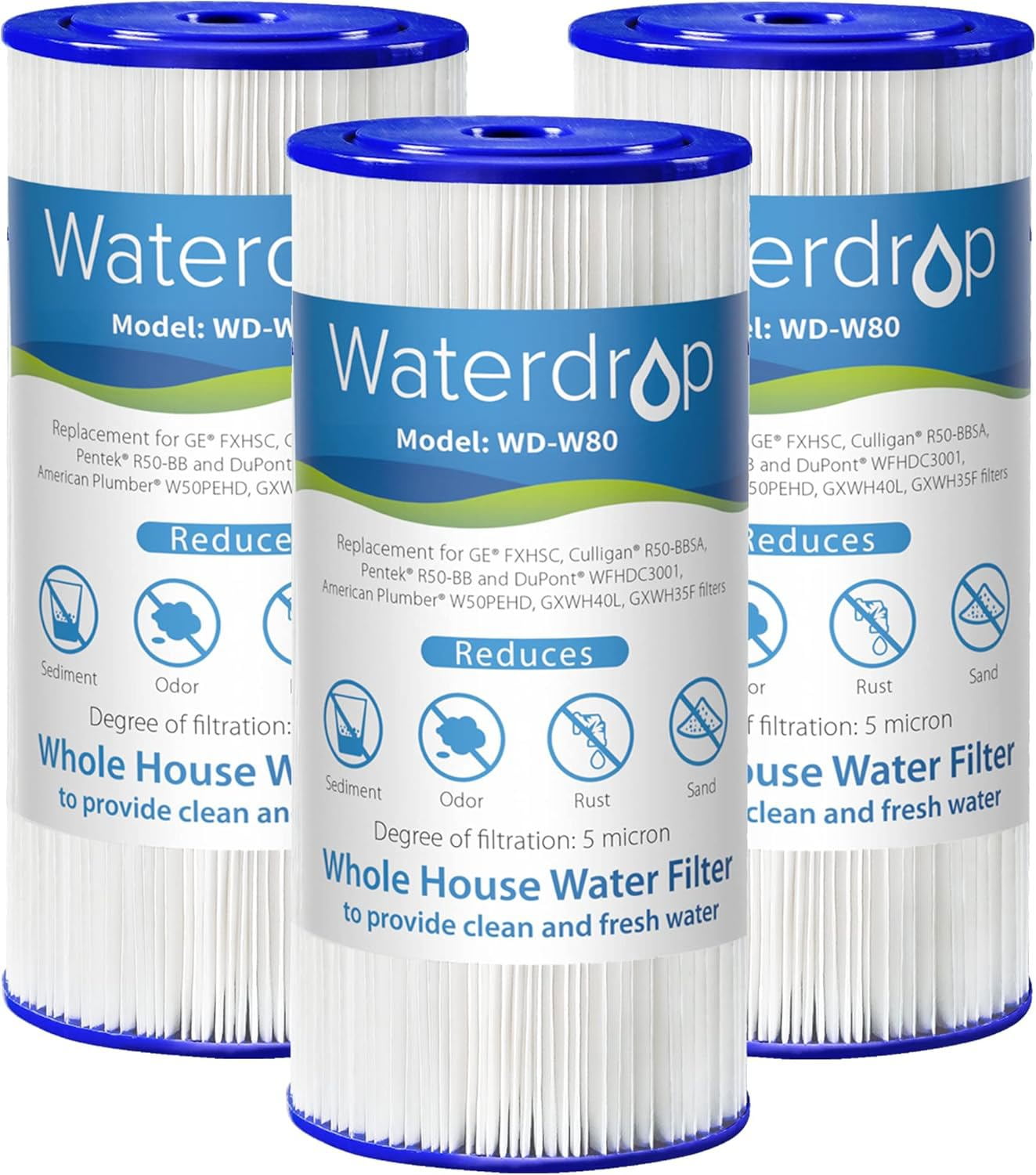 Waterdrop W50PEHD Whole House Water Filter, Replacement for American Plumber, W10-PR, Culligan R50-BBSA, GE FXHSC, GXWH40L, GXWH35F, 5 Micron, 10" x 4.5", High Flow Sediment Filters, Pack of 3