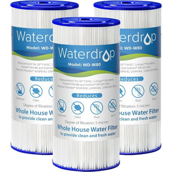 Waterdrop W50PEHD Whole House Water Filter, Replacement for American Plumber, W10-PR, Culligan R50-BBSA, GE FXHSC, GXWH40L, GXWH35F, 5 Micron, 10" x 4.5", High Flow Sediment Filters, Pack of 3