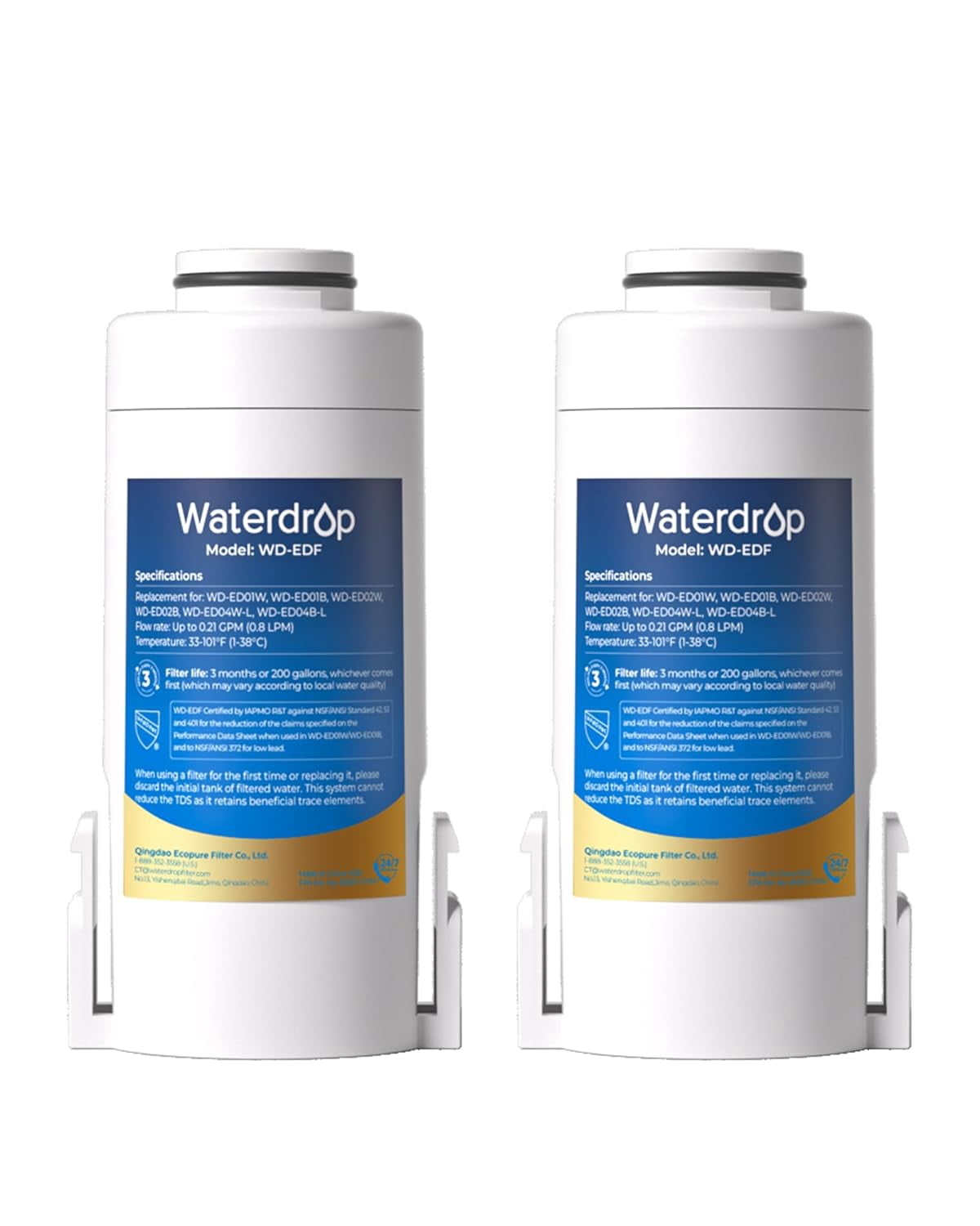 Waterdrop WD-EDF Replacement Filters for Waterdrop Electric Water Filter Pitcher WD-ED01/ED02/ED04, 3 Months or 200 Gallons, 2 Filters