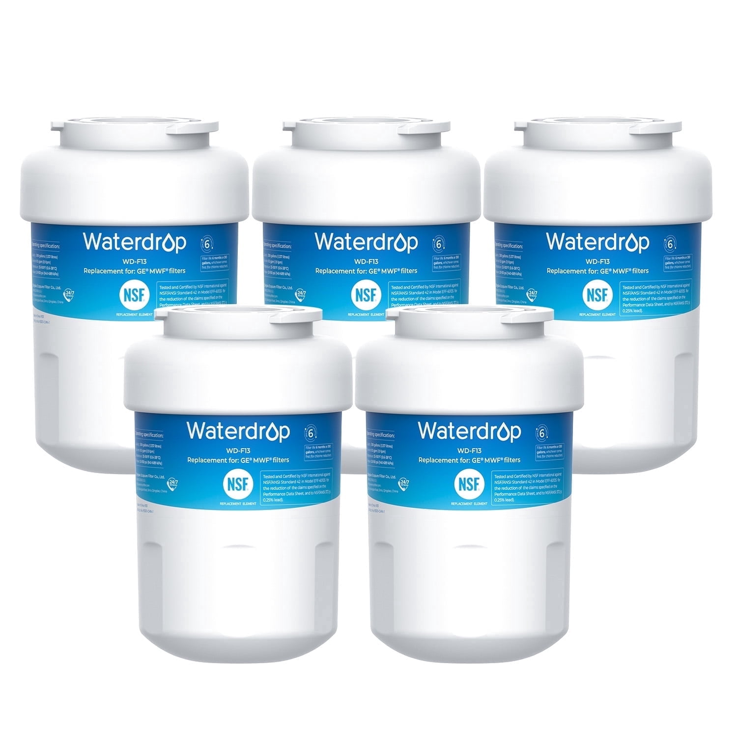 Waterdrop WD-F13 Replacement for GE® MWF®, SmartWater® MWFP, MWFINT, MWFA, GWF, HDX FMG-1, Kenmore® 9991, GSE25GSHECSS, WFC1201 Water Filter, 5 Pack