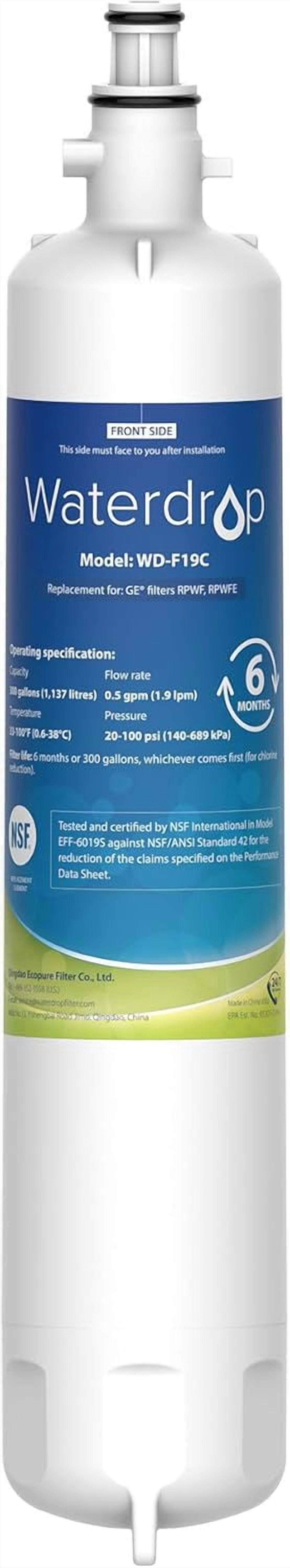 Waterdrop WD-F19C Replacement for GE RPWFE, RPWF (with CHIP) Refrigerator Water Filter, Compatible with GFE28GBLTS, GFE28GGKBB, GFE28GSKSS, PFE28KSKSS, PFE28KMKES, Package May Vary
