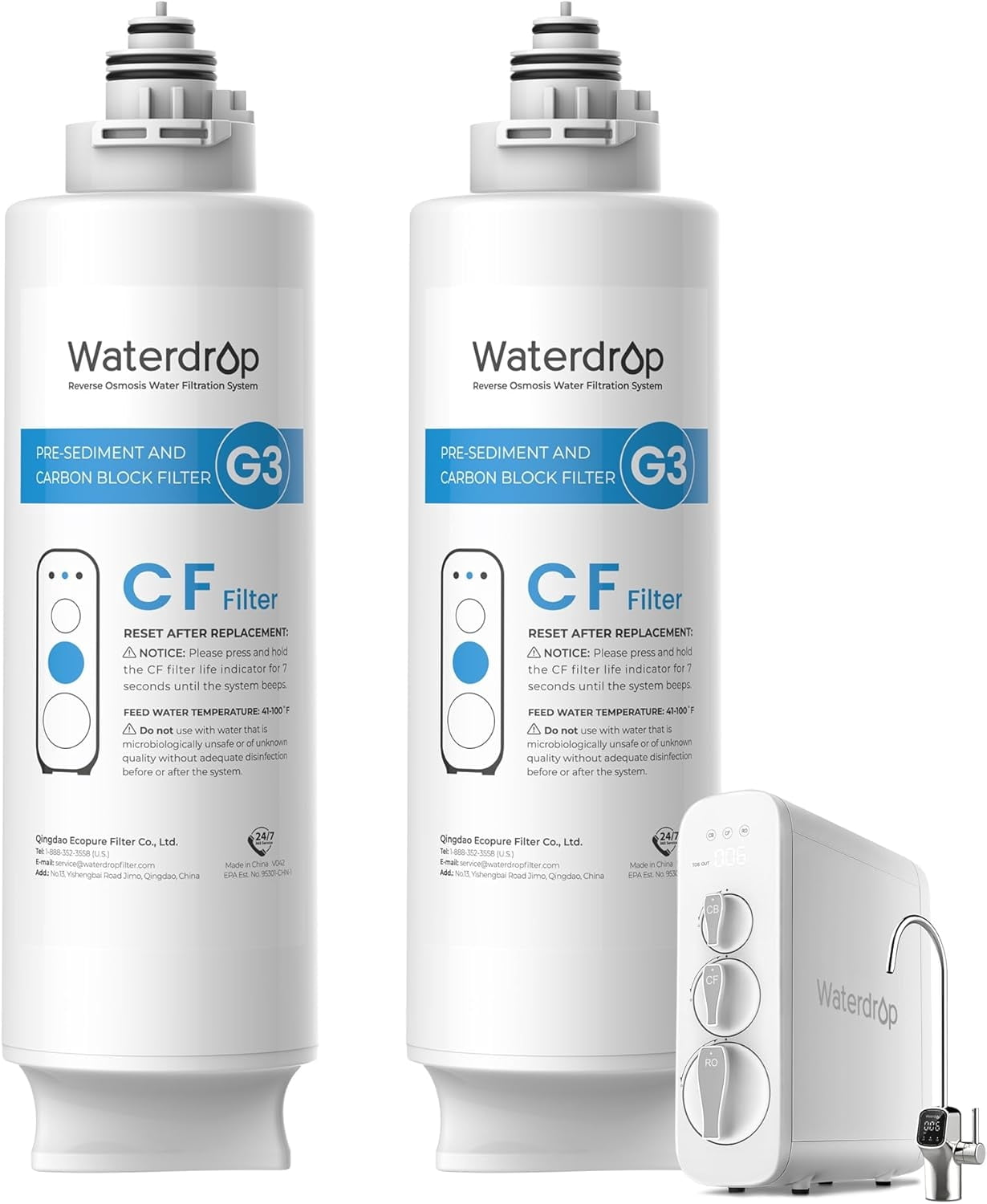 Waterdrop WD-G3-CF Filter, Replacement for WD-G3-W, WD-G3P600 and WD-G3P800-W Reverse Osmosis System, 6-month Lifetime, 2-Pack