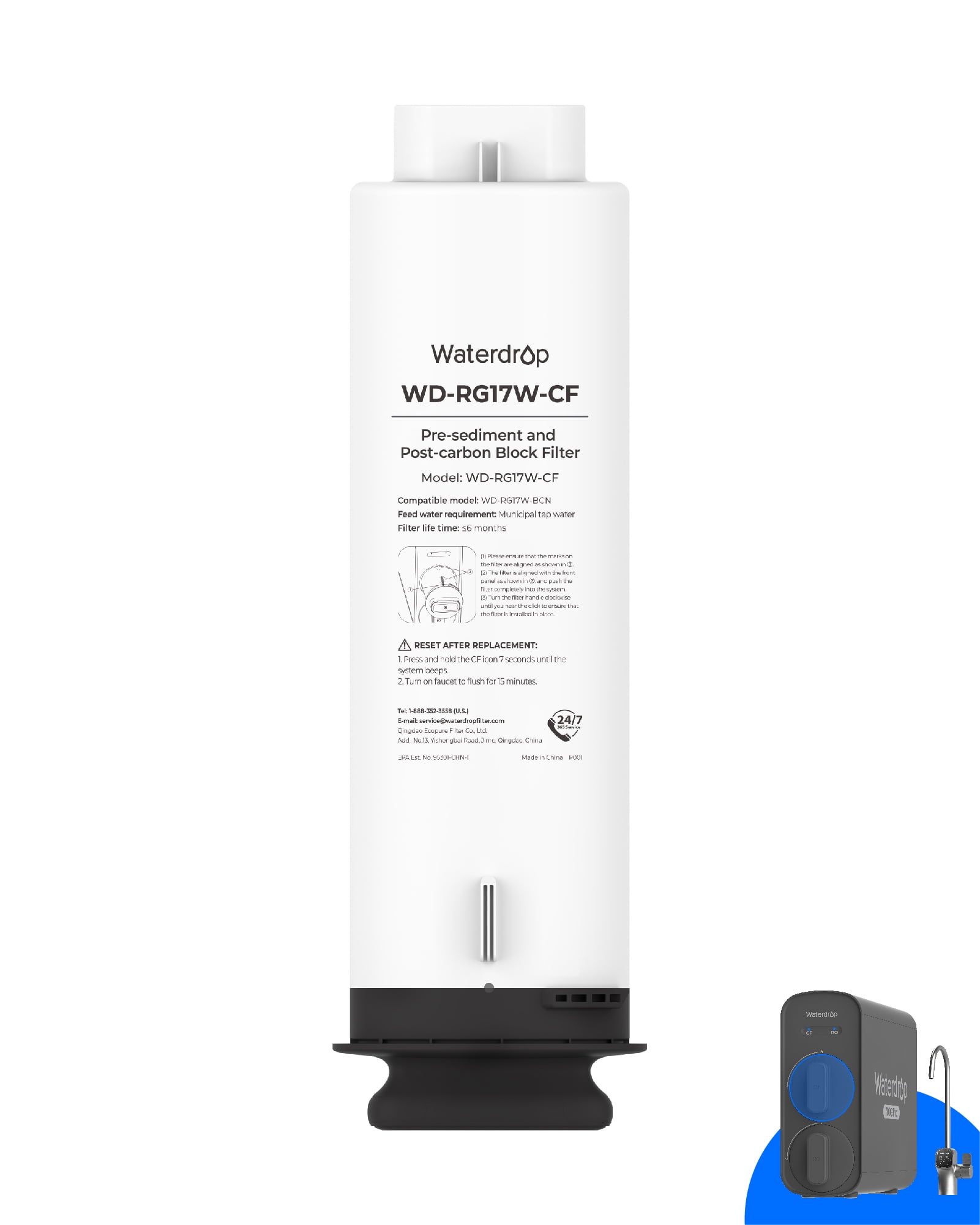 Waterdrop WD-G5P700-Pro-CF Filter, Replacement for WD-G5P700-Pro Undersink Reverse Osmosis System, 6-month Lifetime