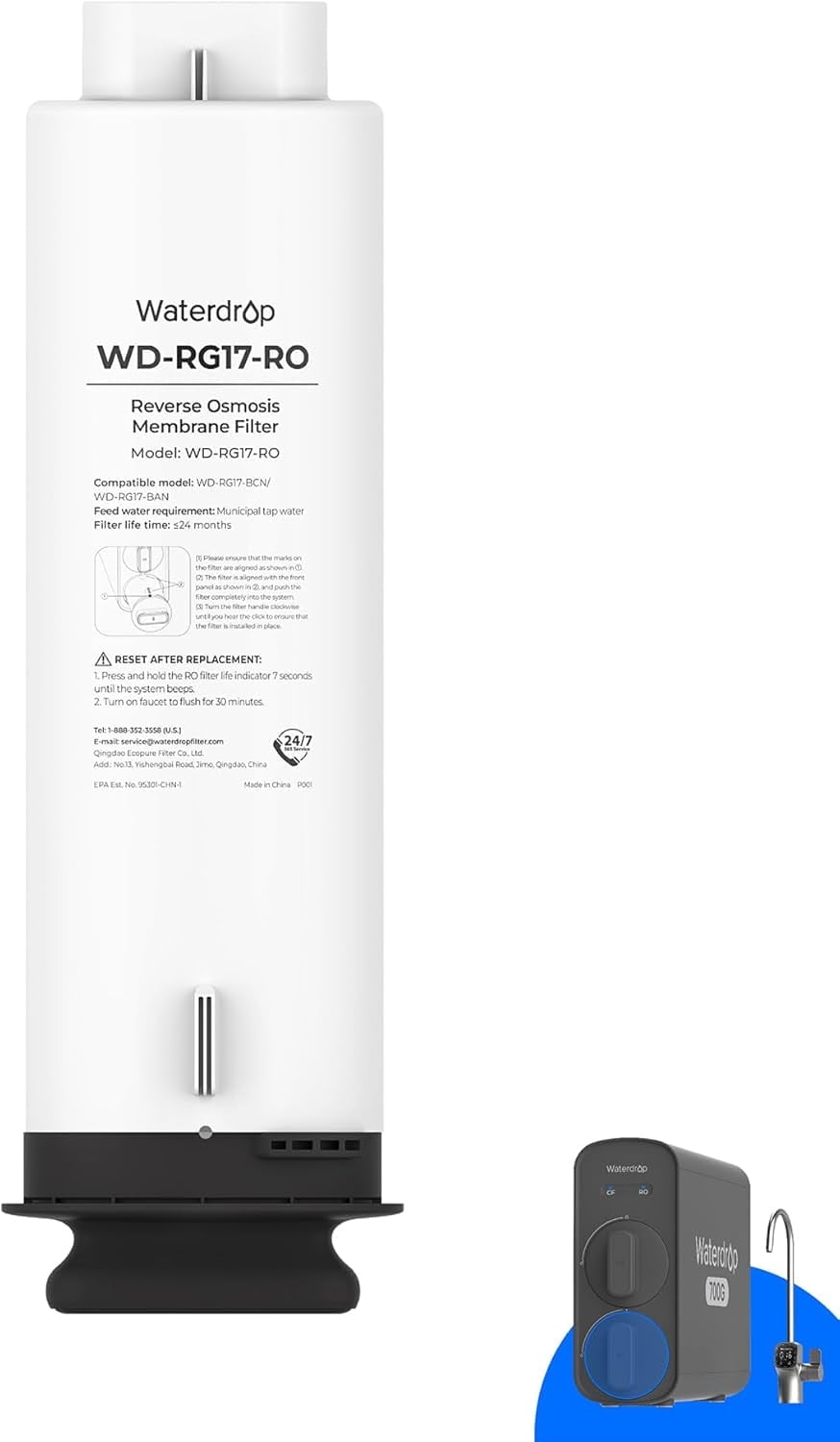Waterdrop WD-G5P700-RO Filter, Replacement for WD-G5P700 & WD-G5P700A Undersink Reverse Osmosis System, 24-month Lifetime