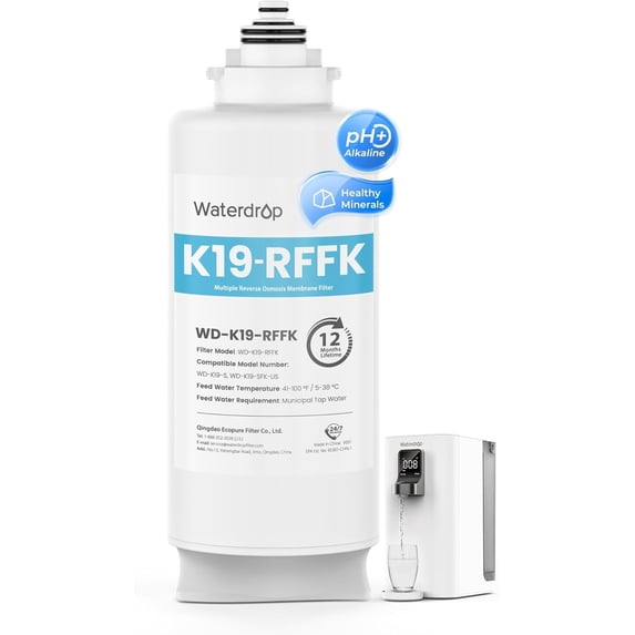 Waterdrop WD-K19RF-FK Filter, Replacement for WD-K19-SFK Countertop Reverse Osmosis System, 12-month Lifetime