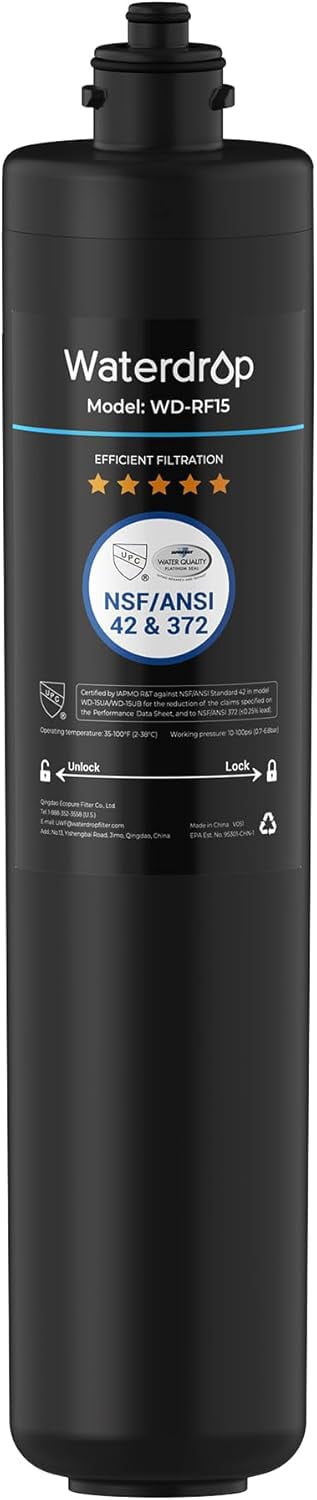 Waterdrop RF15 Replacement Filter Cartridge For 15UA/15UB/15UC Under Sink Water Filter, Reduces PFOA/PFOS, PFAS, Lead, Chlorine, Bad Taste & Odor, NSF/ANSI 42 Certified, 19K Gallons High Capacity