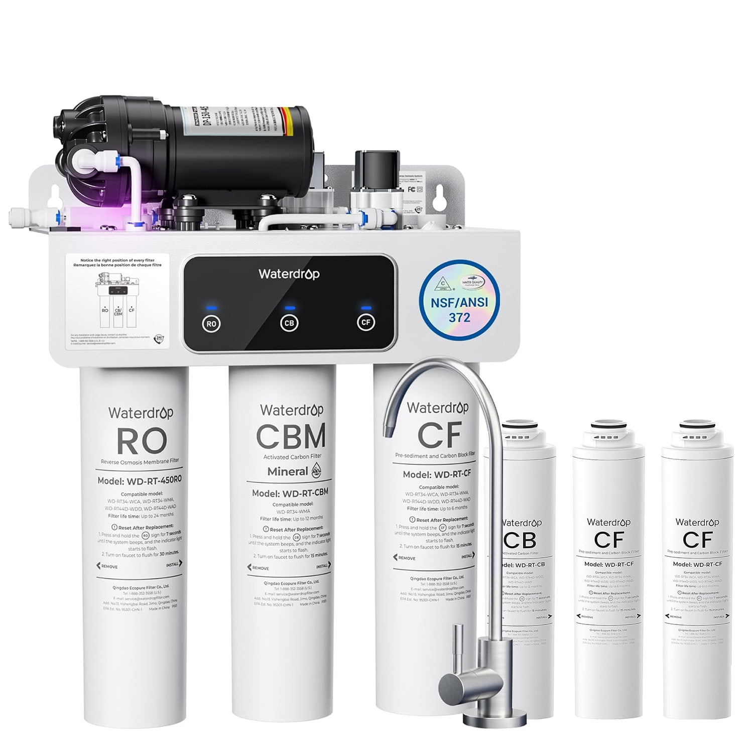 Waterdrop WD-T3-C 8-Stage Under Sink RO Water Filter System, NSF/ANSI 372 Certified, 450GPD Tankless, 2:1 Pure to Drain, BPA Free, Plug-in Required, Includes Replacement Filter
