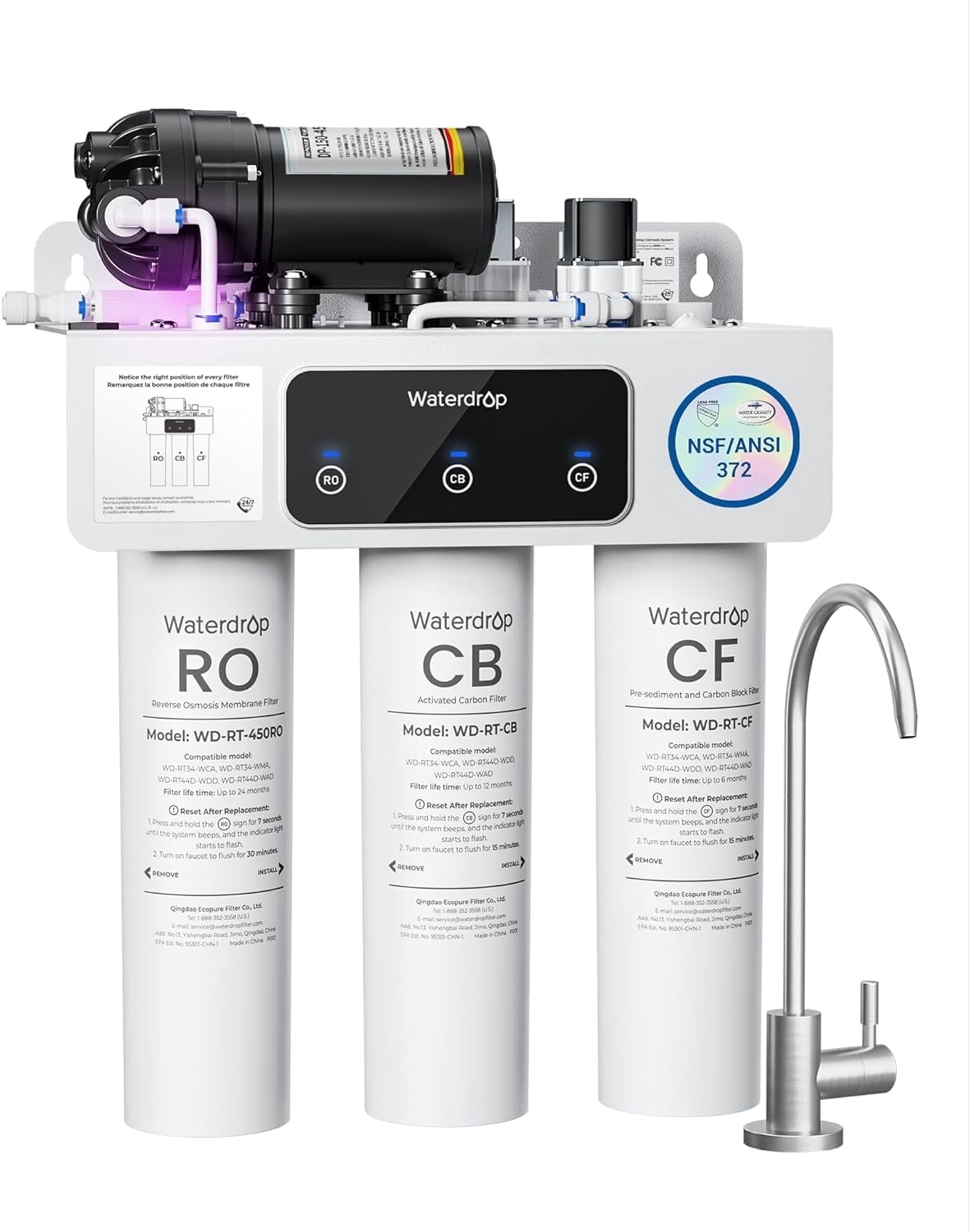 Waterdrop WD-T3-C Reverse Osmosis Water Filter,450GPD,8-Stage Under Sink RO Water Filter, 450G Tankless Water Filtration System, 2:1 Pure to Drain, BPA Free, Plug-in Required