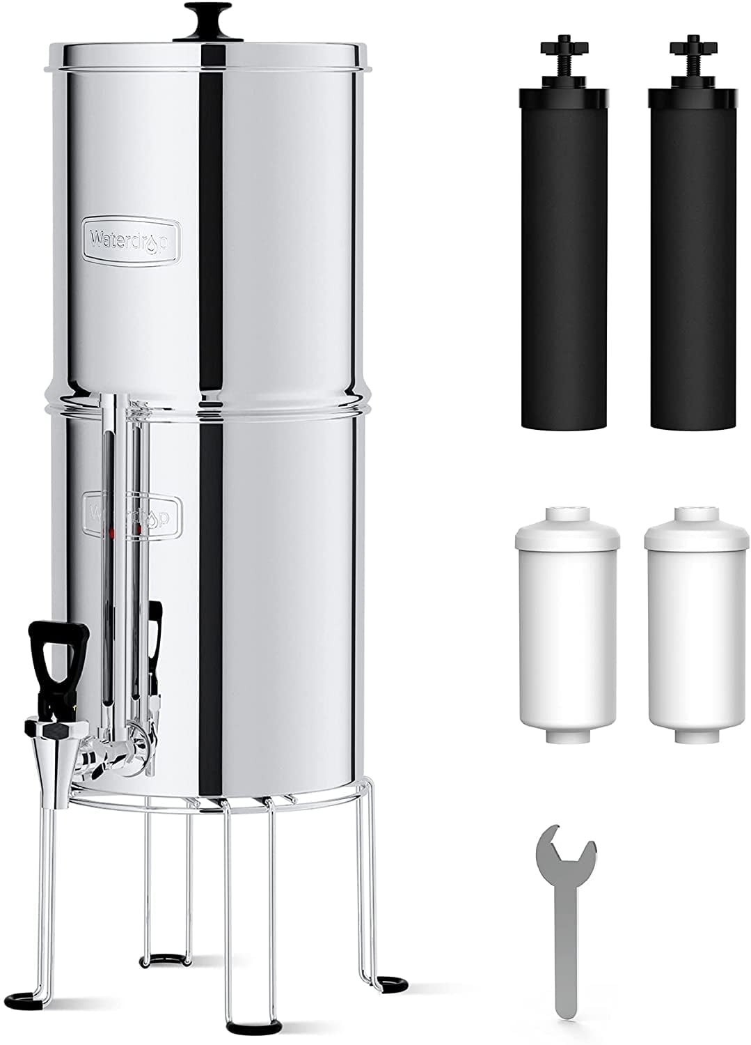 Waterdrop WD-TK-FS Gravity-fed Water Filter System, 2.25-gallon Stainless-steel System, with 4 Filters, Metal Water Level Spigot and Stand, Reduces up to 98.95% of chlorine&Bad Taste-King Tank Series