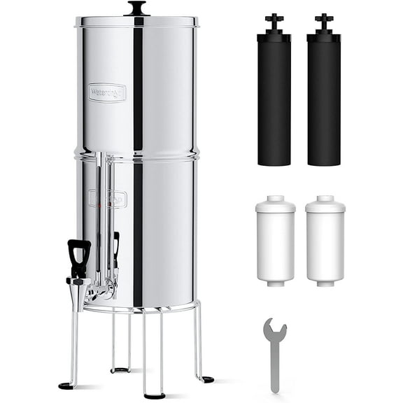 Waterdrop WD-TK-FS Gravity-fed Water Filter System, 2.25-gallon Stainless-steel System, with 4 Filters, Metal Water Level Spigot and Stand, Reduces up to 98.95% of chlorine&Bad Taste-King Tank Series