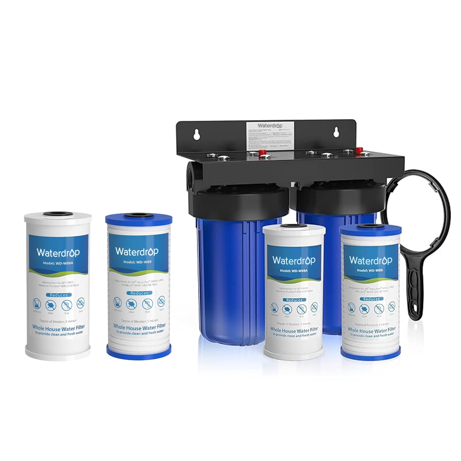 Waterdrop Whole House Water Filter System, with Carbon Filter and Sediment Filter2, 5-Stage Filtration, Highly Reduce Lead, Chlorine, Odor and Taste, 2-Stage 5 Micron WD-WHF21-PG, 1" Inlet/Outlet