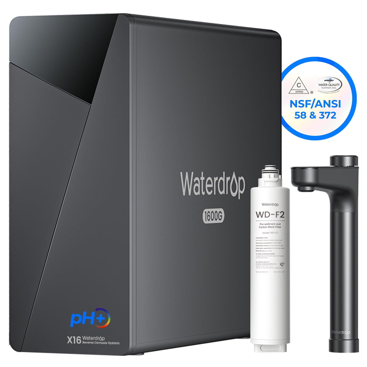 Waterdrop X16 Tankless Reverse Osmosis System, NSF/ANSI 58&372 Certified, 1600 GPD RO Water Filter System, 11-Stage Filtration UnderSink RO, 3:1 Pure to Drain, Alkaline Mineral pH+, with WD-F2