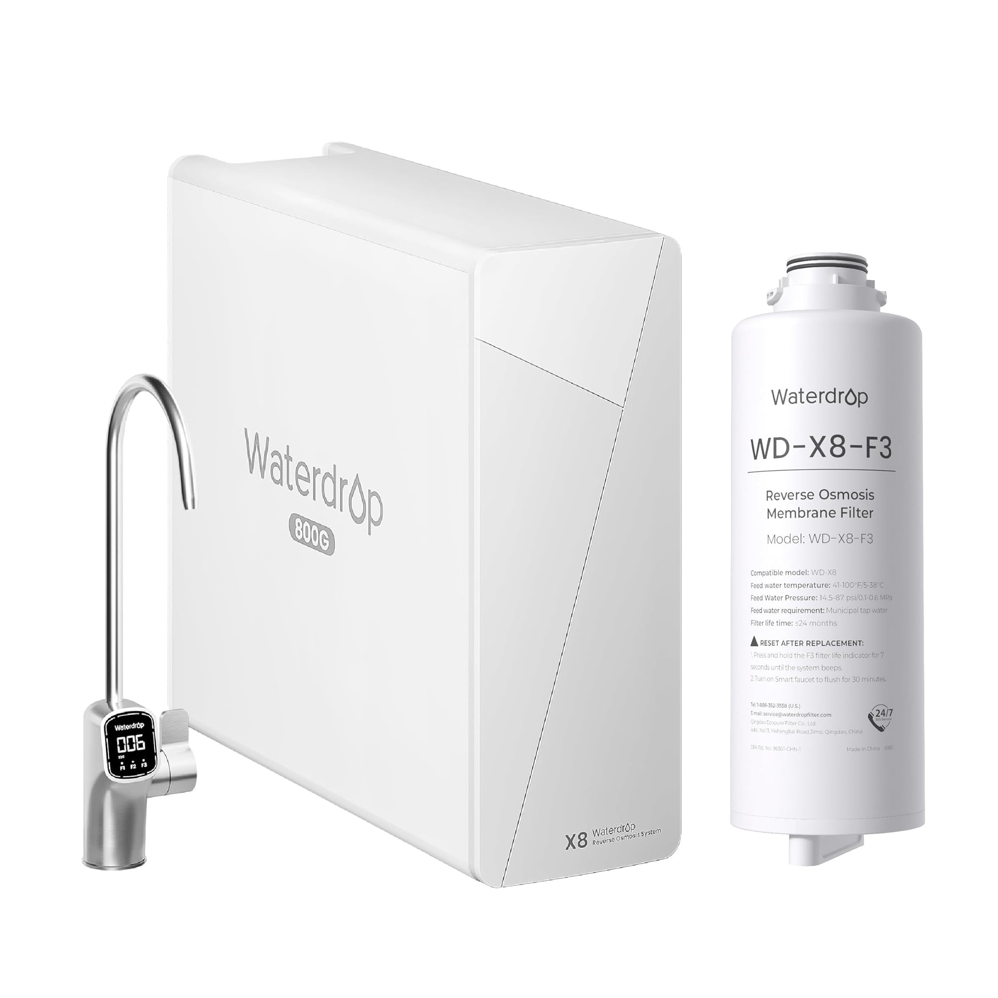 Waterdrop X8 Reverse Osmosis System, 800 GPD Tankless Reverse Osmosis Water Filter, 9-Stage Filtration Undersink RO Water Filtration System, 2:1 Pure to Drain, Smart Faucet, Reduce PFAS,with WD-X8-F3