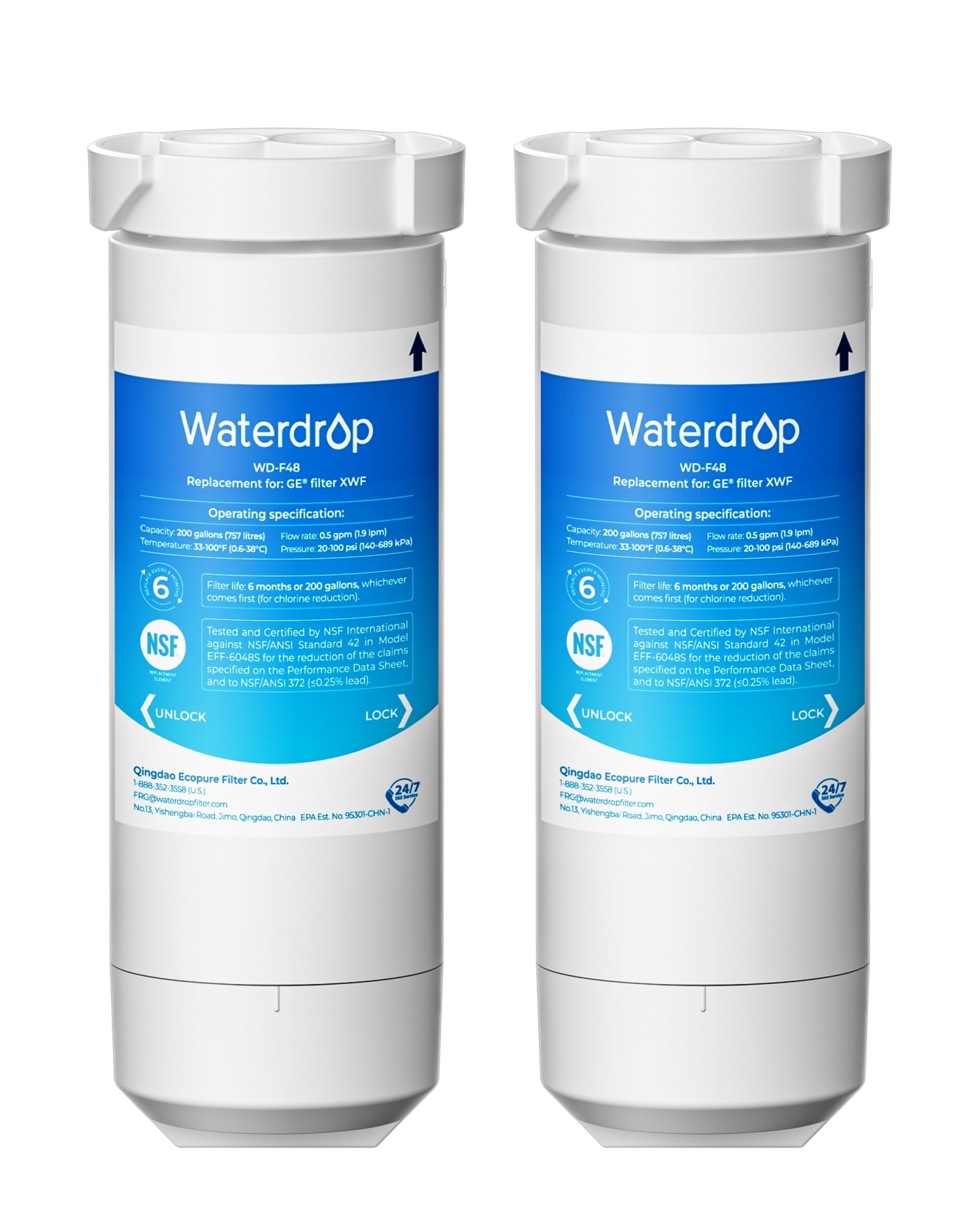 Waterdrop XWF Refrigerator Water Filter, Replacement for GE® WR17X30702, NSF 42/372 Certified, Compatible with GNE27, GFE26, GDE25, GSS25, PSE25 Series Refrigerators,2-Pack (Not XWFE®)