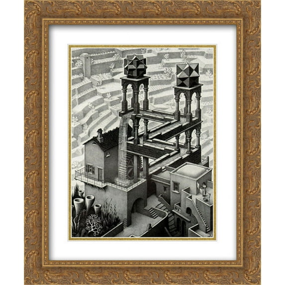Waterfall 2x Matted 15x18 Gold Ornate Framed Art Print by M.C. Escher
