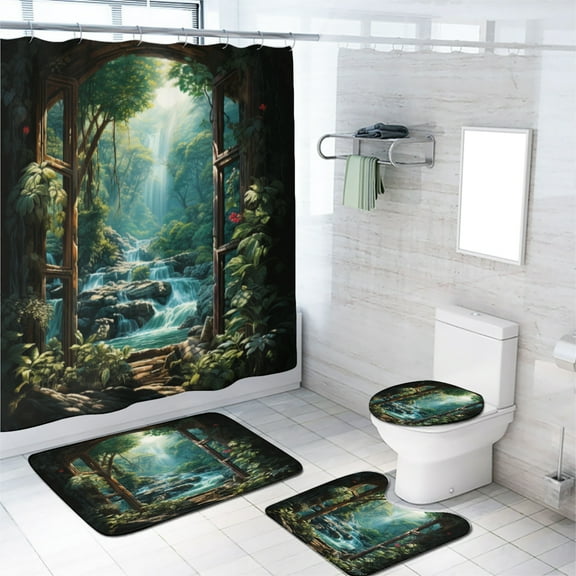 Waterfall 4 Pcs Shower Curtain Set Forest Flowers Window View Nature Landscape with 12 Hooks, Bath Mat Set Bathroom Decor by Durable Waterproof Fabric, 72x72 Inch