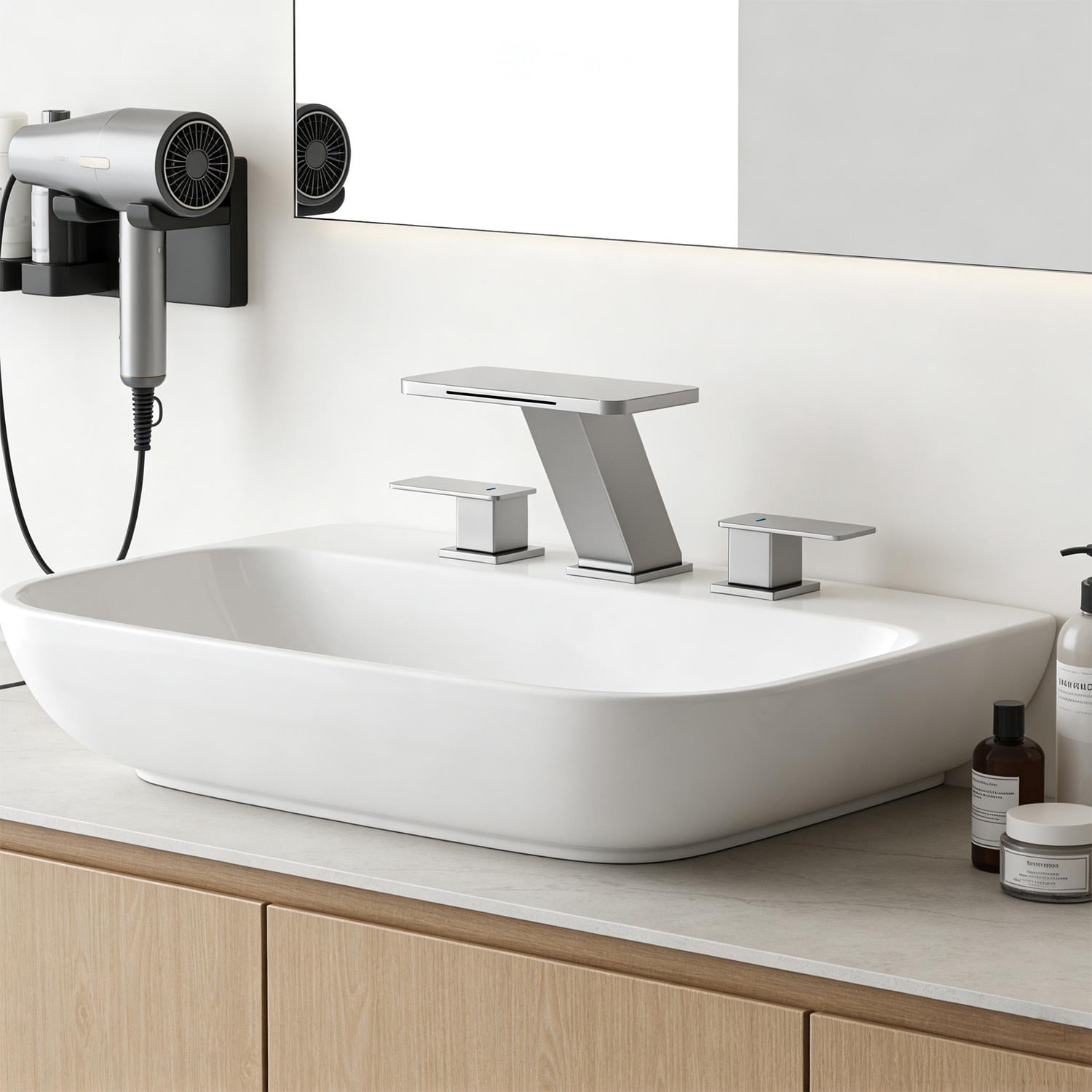Waterfall 8 in. Widespread 2-Handle Bathroom Faucet, Brushed Nickel, 3-Hole Sink Faucet with Pop-Up Drain & Splash-Free Flow