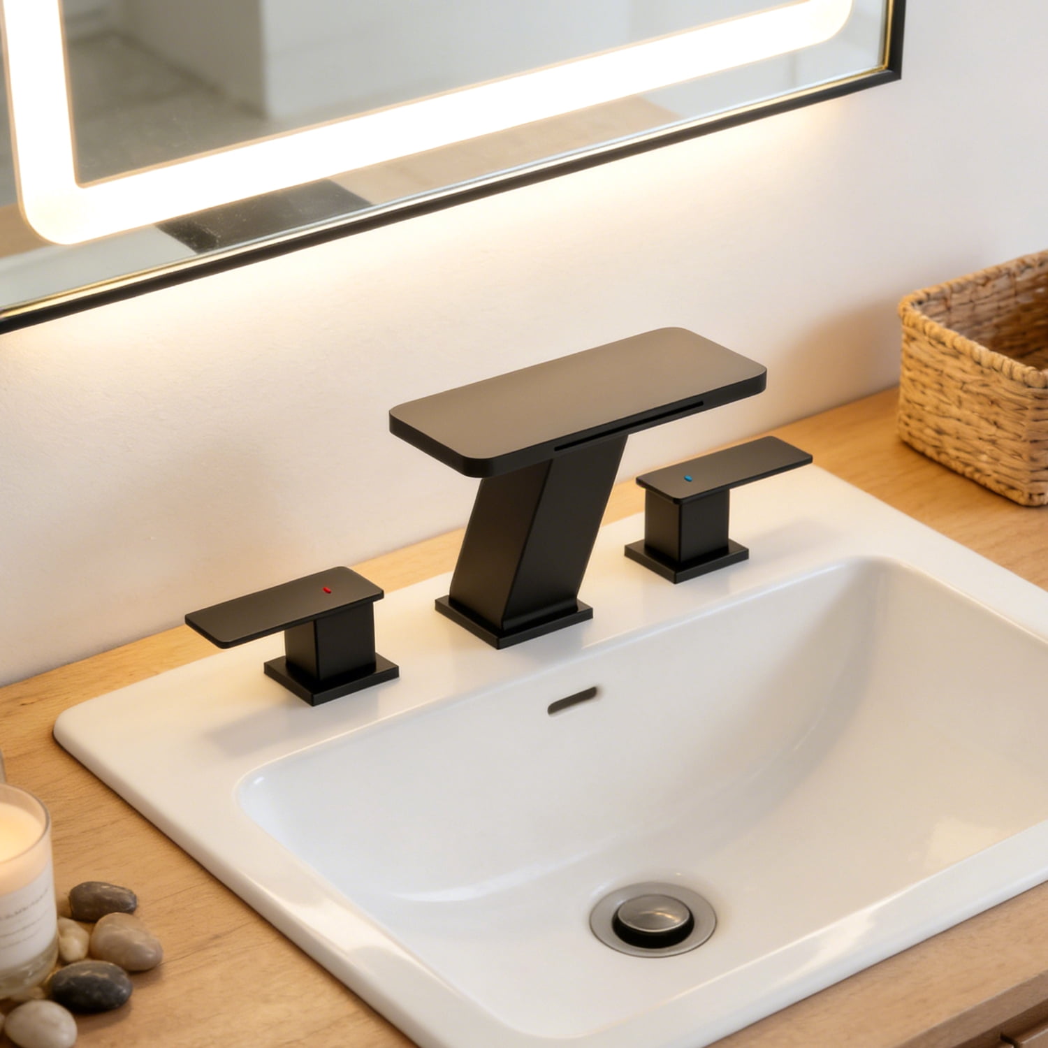 Waterfall 8 in. Widespread 2-Handle Bathroom Faucet, Matte Black, 3-Hole Sink Faucet with Pop-Up Drain & Splash-Free Flow